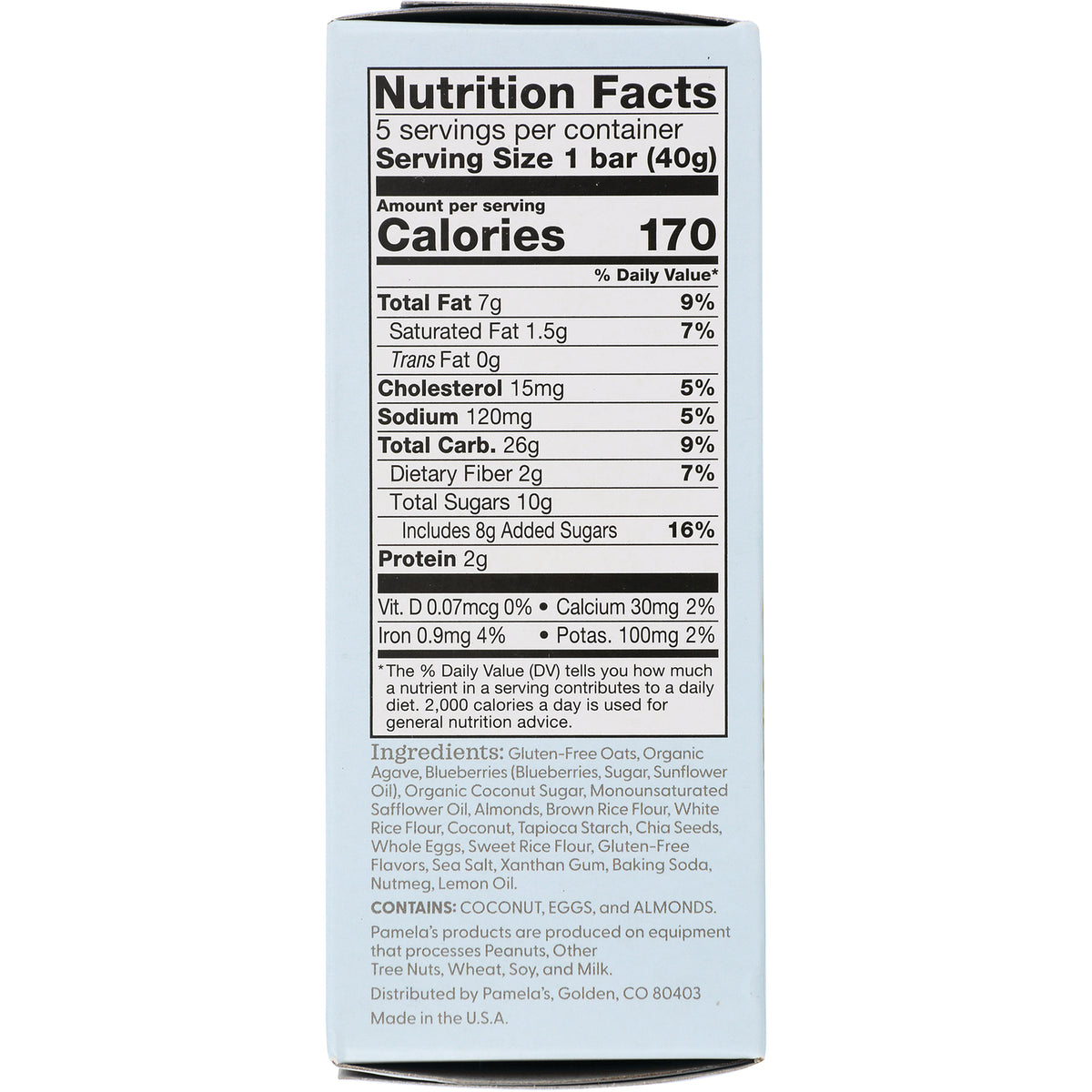 PAM014 | Back of light blue box showing Nutrition Facts panel with Calories 170 and ingredients list