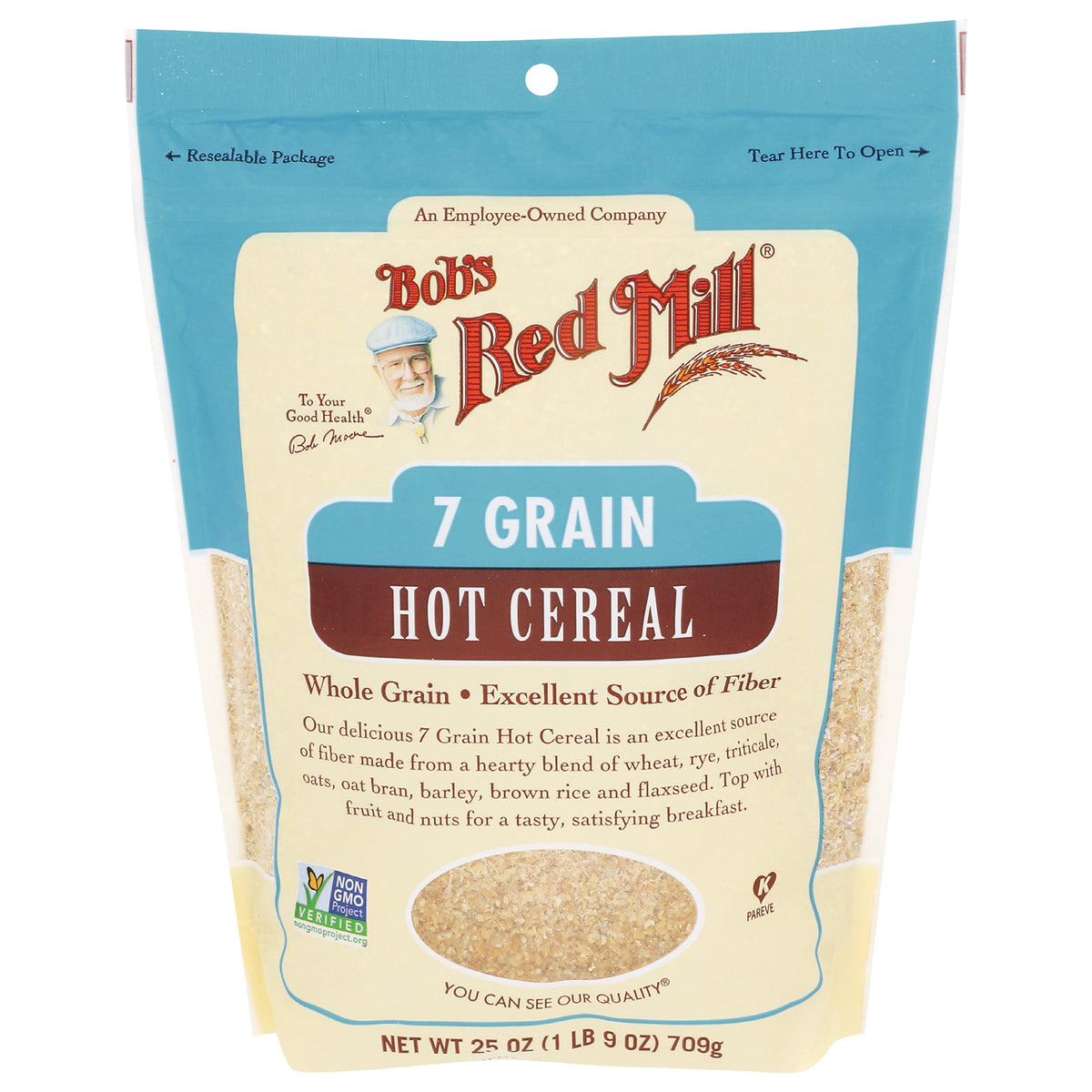 BOB424 | Bob's Red Mill 7 Grain Hot Cereal front pouch with resealable top and clear product window
