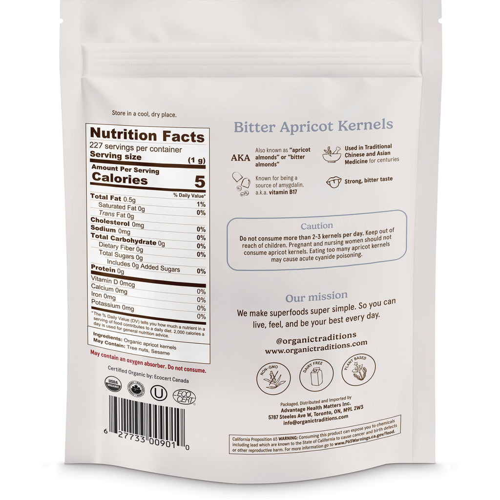 OTR066 | Back of white resealable pouch for Bitter Apricot Kernels showing nutrition facts, caution and brand mission - Thumbnail