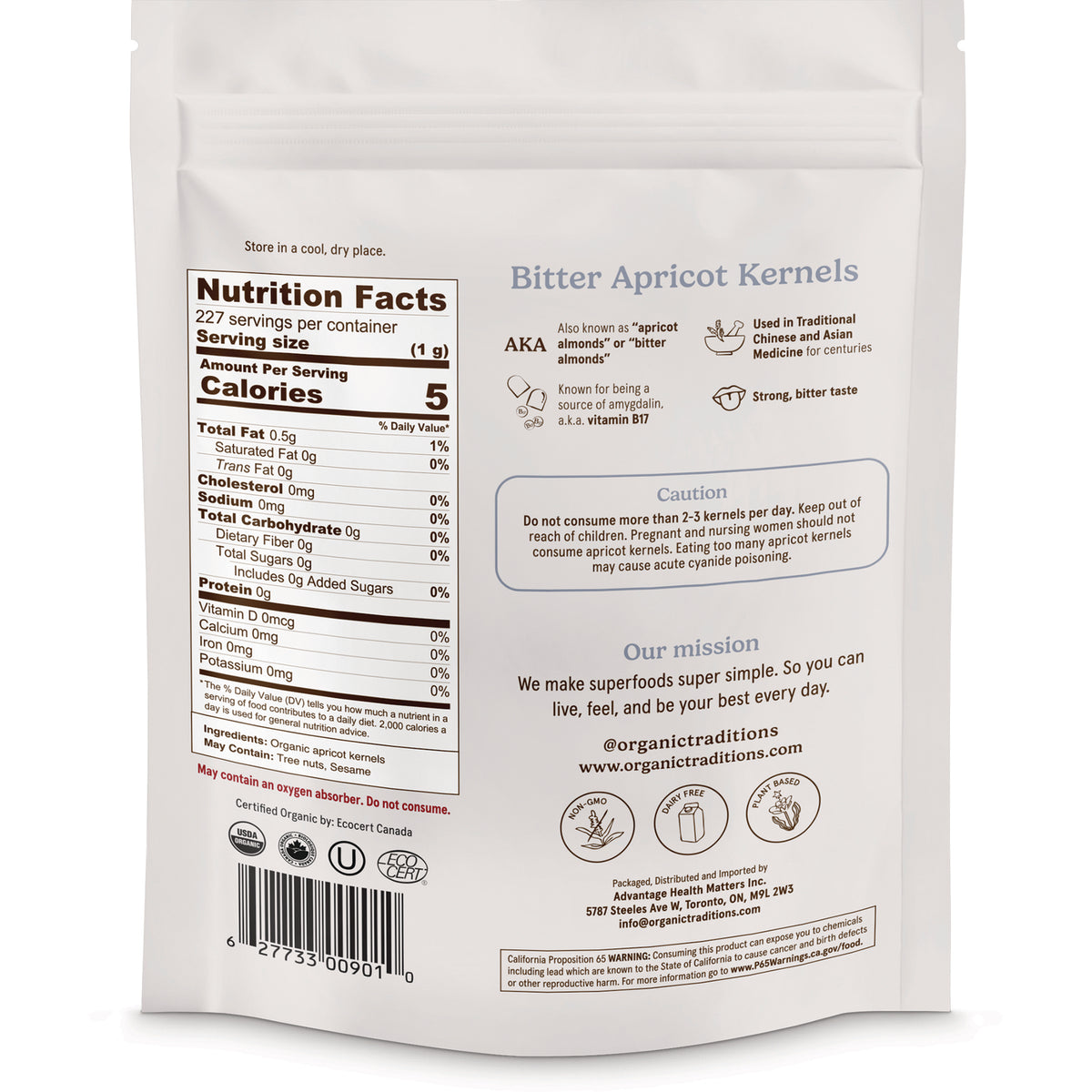 OTR066 | Back of white resealable pouch for Bitter Apricot Kernels showing nutrition facts, caution and brand mission