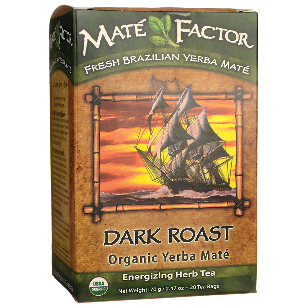 MTF006 | Front of Mate Factor Dark Roast organic yerba mat tea box with ship illustration