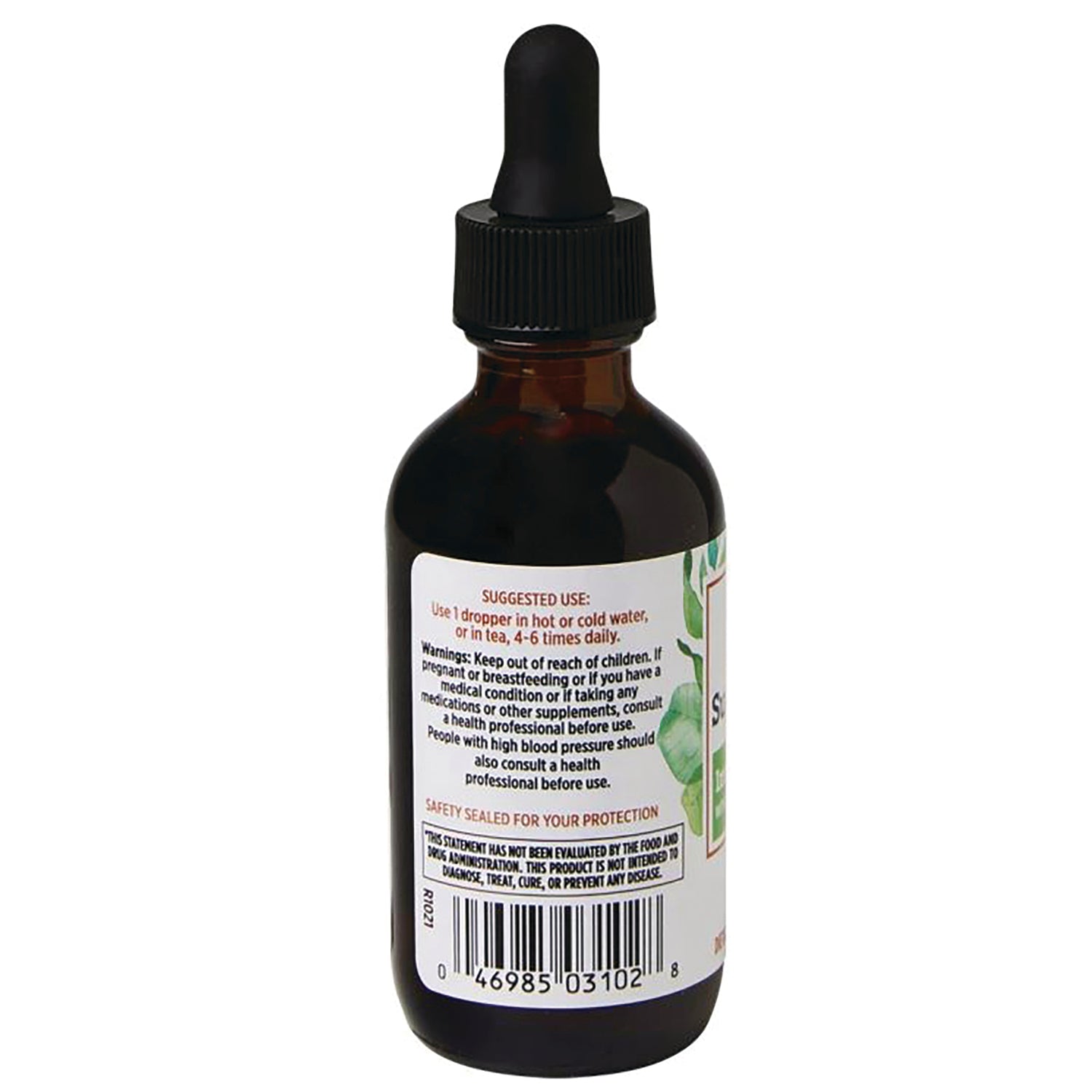 QU053 | Amber dropper bottle back label showing suggested use, warnings, and barcode