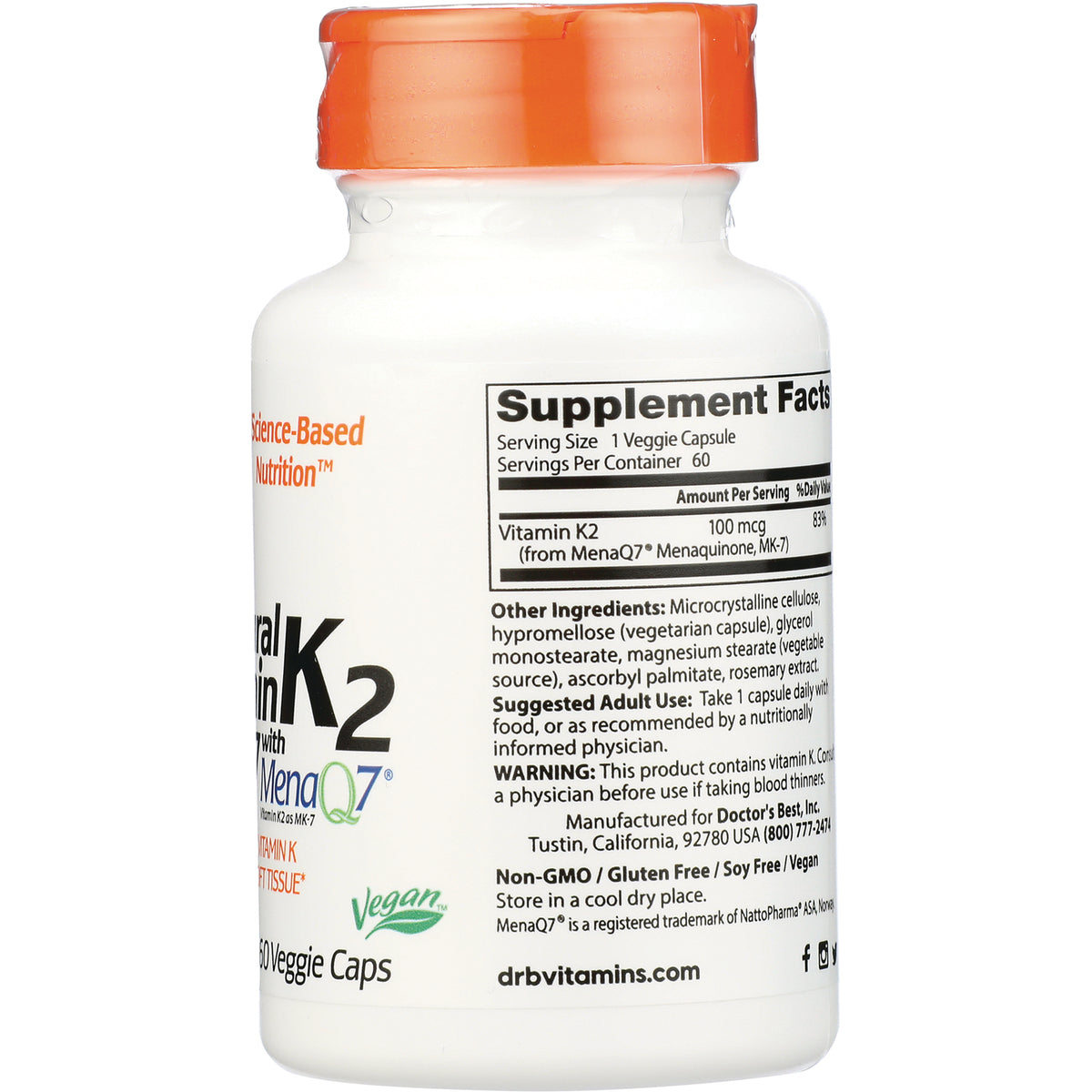 DB243 | Back of white supplement bottle showing Supplement Facts panel, ingredient list, and Vegan logo