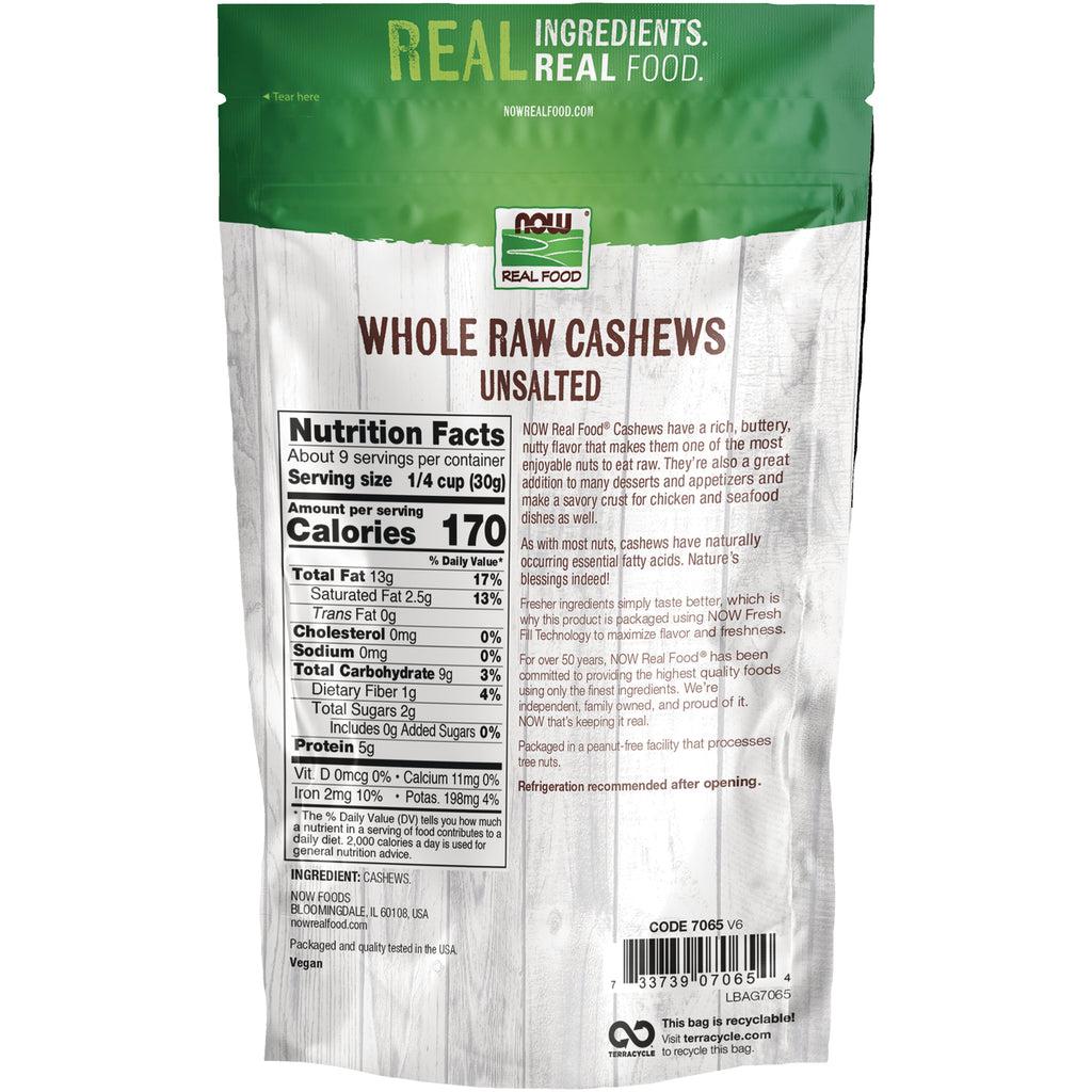 NWF1160 | Back of Now Real Food Whole Raw Cashews unsalted pouch showing nutrition facts, ingredients, and barcode - Thumbnail