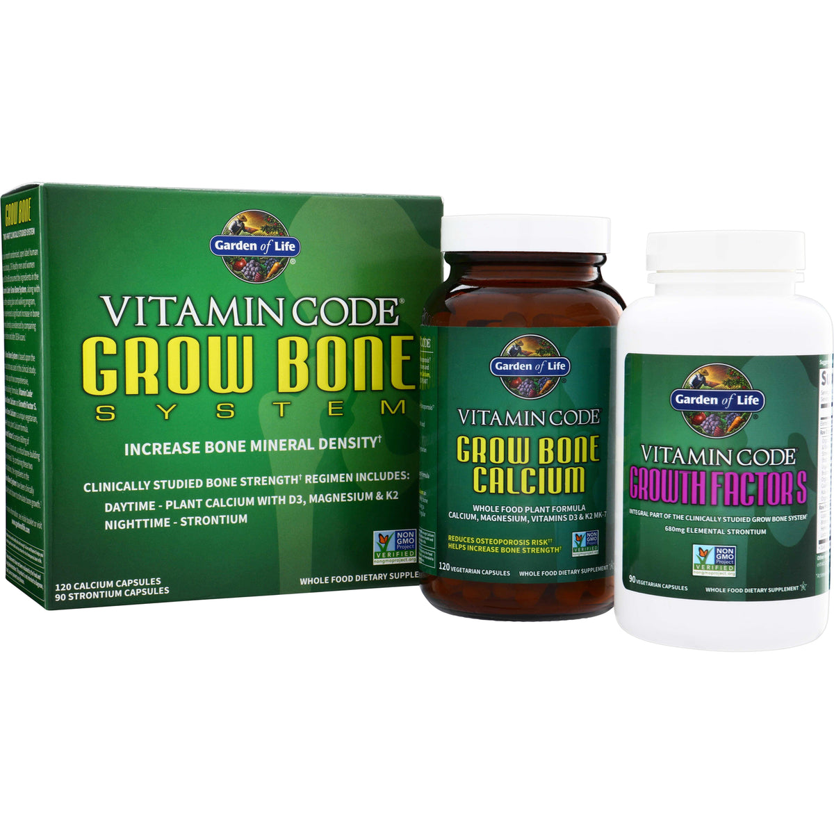 GLF053 | Garden of Life Vitamin Code Grow Bone System box with Grow Bone Calcium and Growth Factors bottles