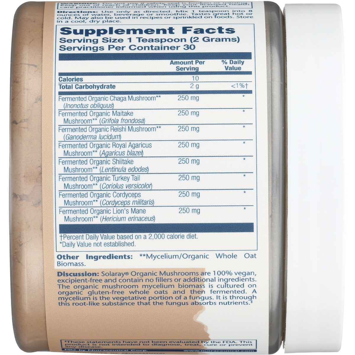 SLR458 | Back label with Supplement Facts and ingredients for Solaray Organic Mushrooms powder