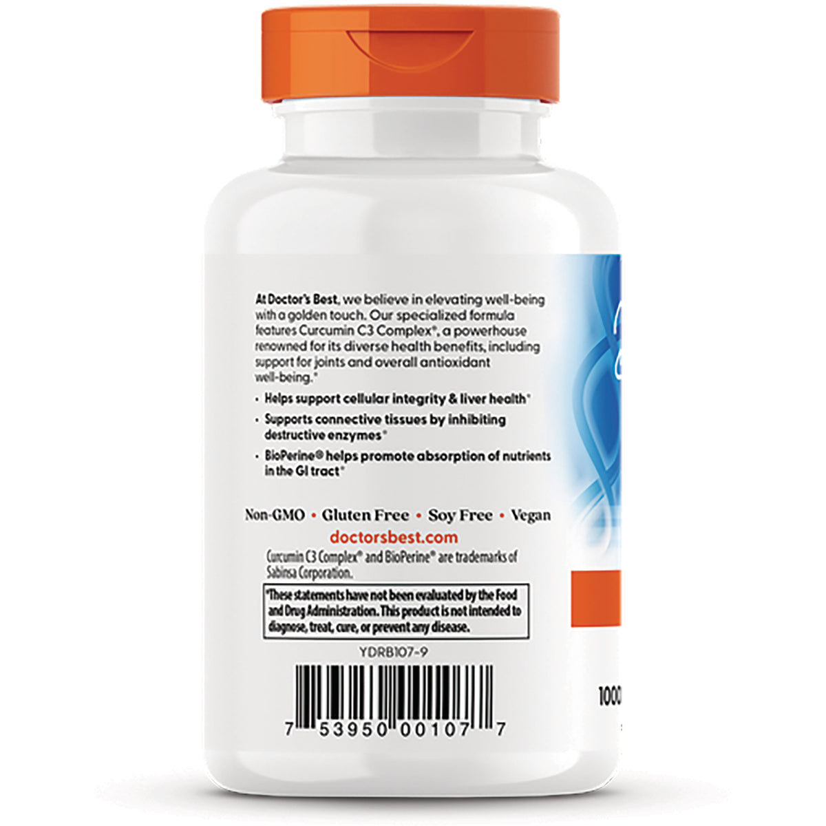 DB078 | Back label of white supplement bottle showing product claims, non-GMO icons, and barcode