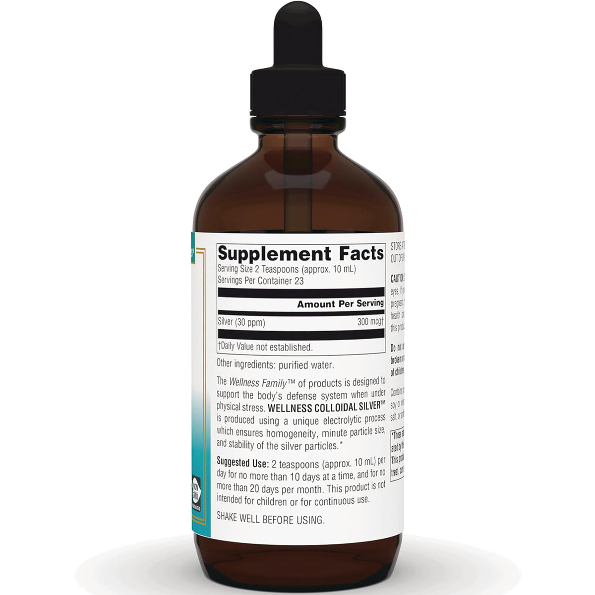 SN756 | Back of colloidal silver liquid supplement bottle showing Supplement Facts and usage directions