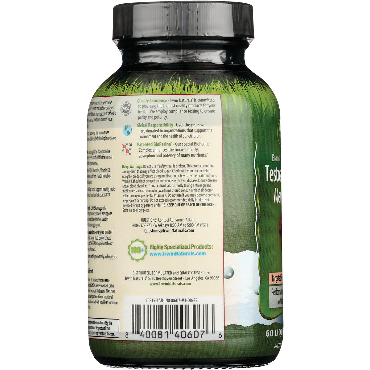 IR256 | Back label of green supplement bottle showing quality assurance text, usage warnings and barcode