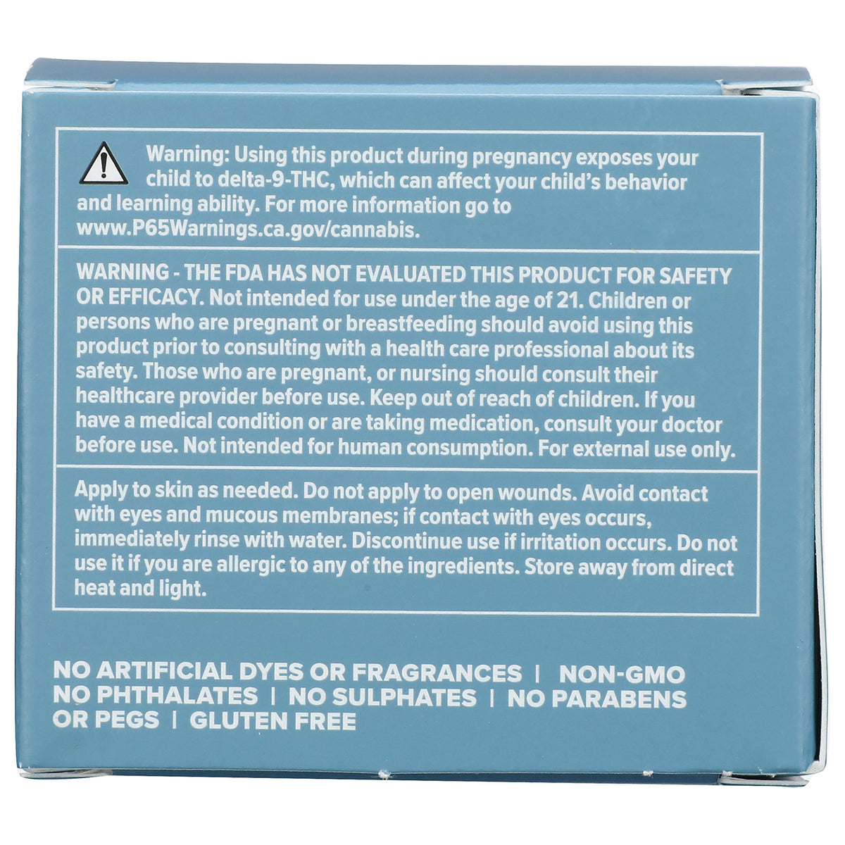 CV001 | blue product box back showing warning and usage text and bottom claims NO ARTIFICIAL DYES OR FRAGRANCES | NON-GMO | GLUTEN FREE