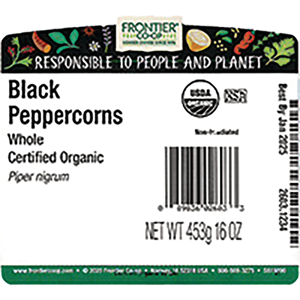 FNP039 | back label for Frontier Co-op Black Peppercorns whole certified organic showing barcode and NET WT 453g 16 OZ - Thumbnail