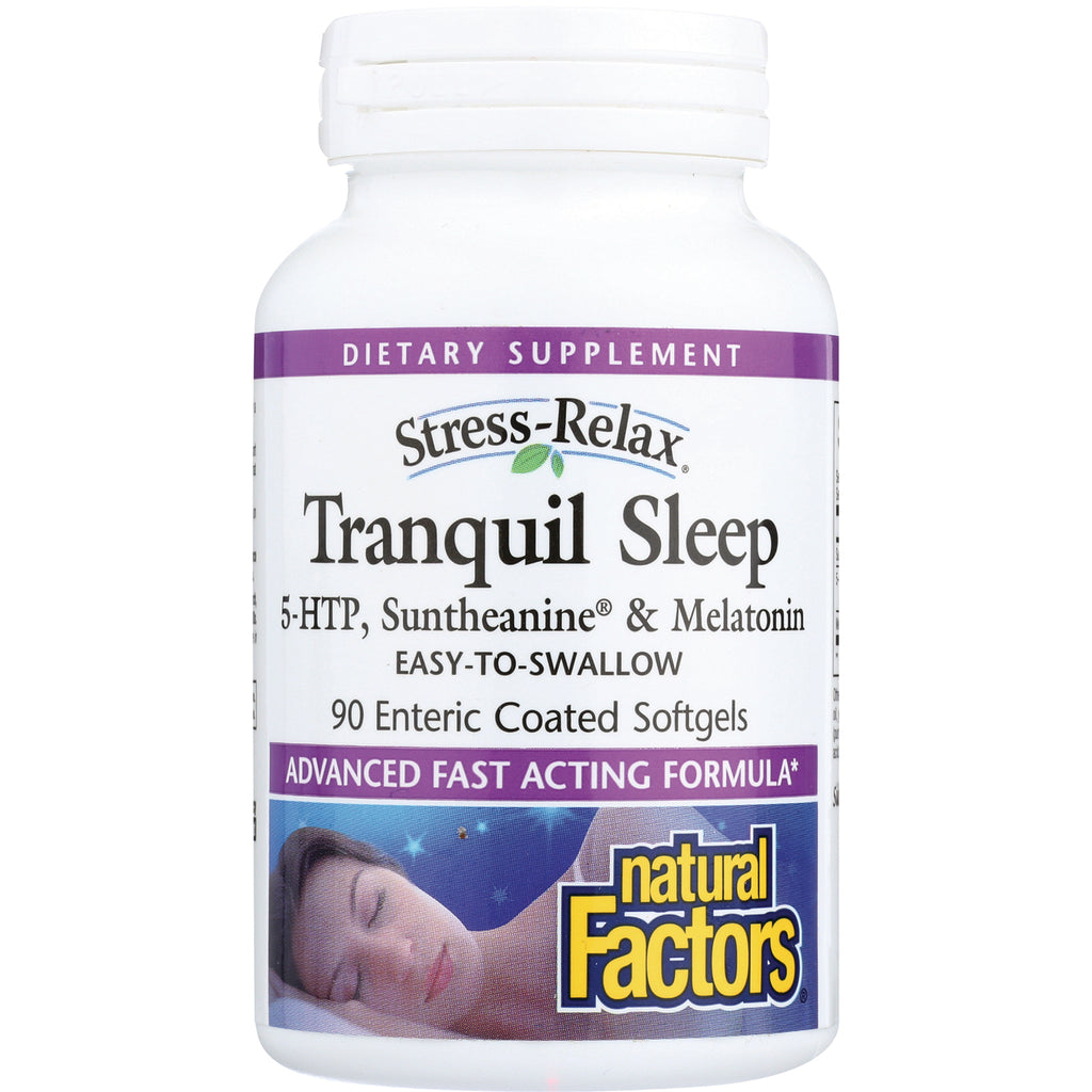NFC146 | Natural Factors Stress-Relax Tranquil Sleep bottle showing label, 90 enteric coated softgels and sleeping woman - Thumbnail