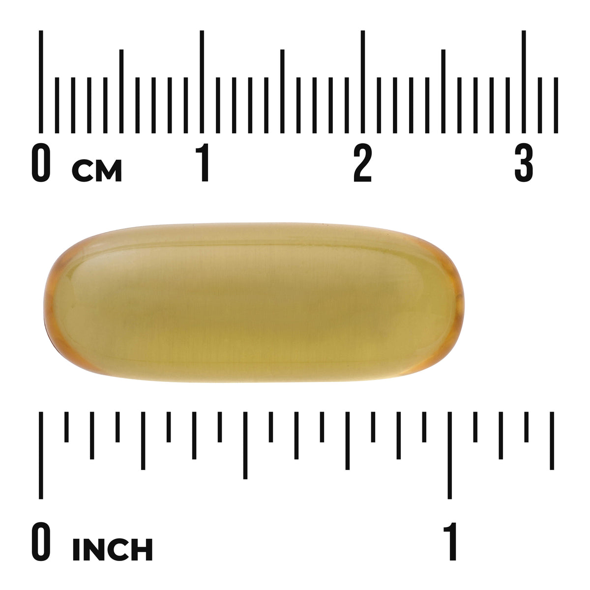 SWE048 | Softgel size shown against rulers in centimeters and inches