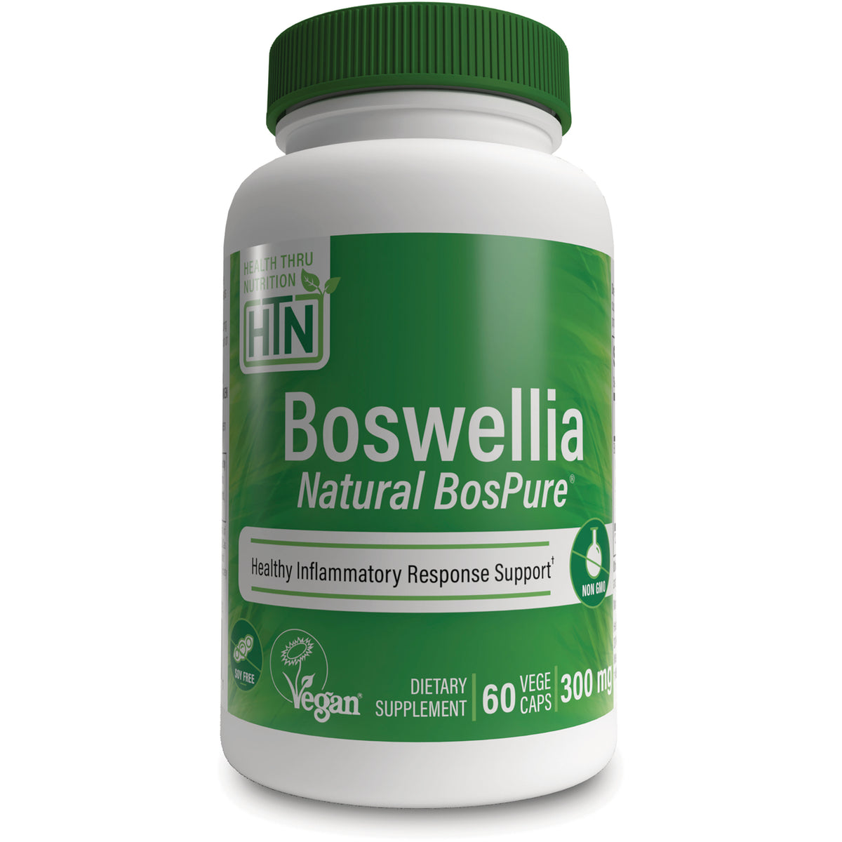 HTN009 | White bottle of Boswellia Natural BosPure dietary supplement with green label reading Healthy Inflammatory Response Support 60 vege caps 300 mg