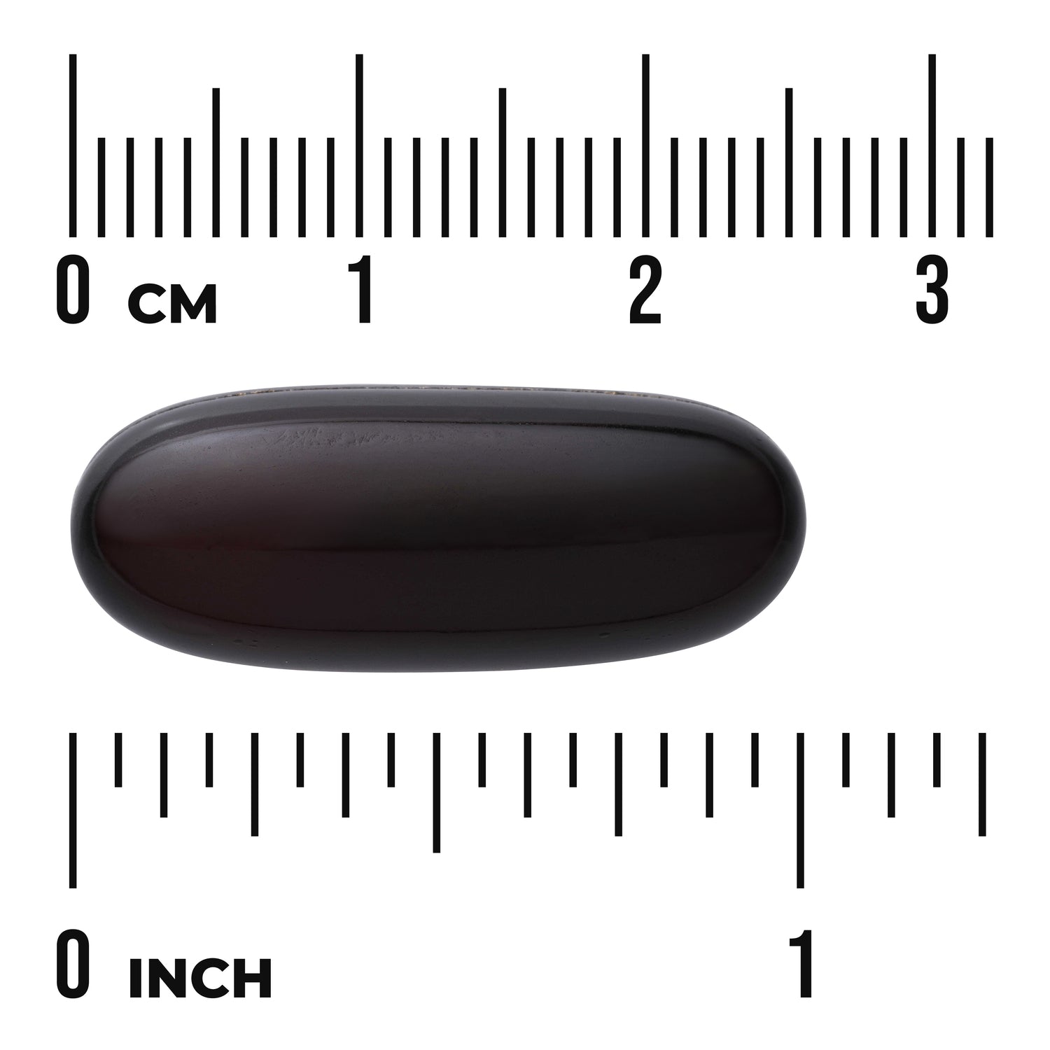 SWE005 | Dark oval softgel shown against centimeter and inch rulers (0 CM and 0 INCH)