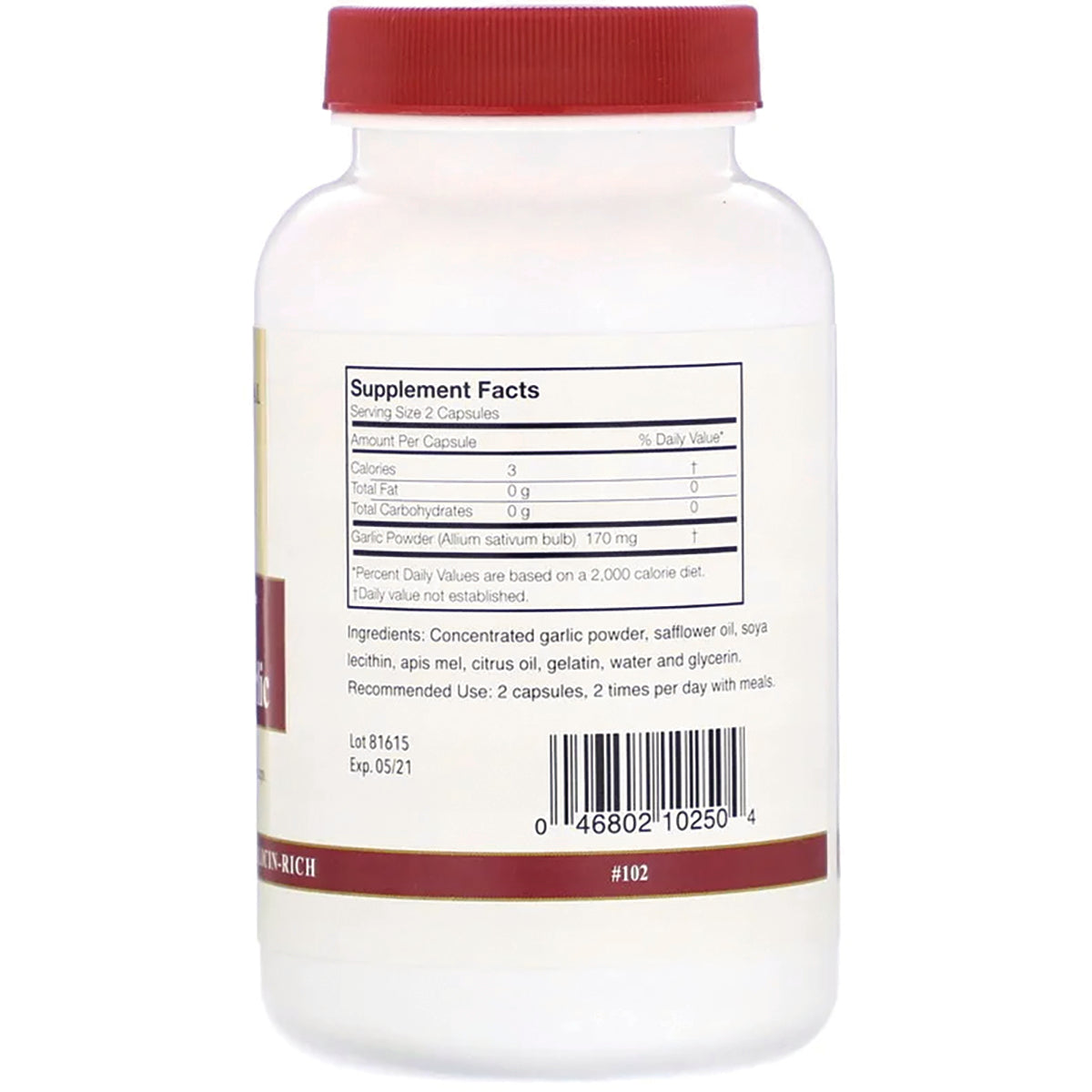 AN026 | Back label of white supplement bottle showing Supplement Facts, ingredients, barcode, Lot 81615 Exp 05/21