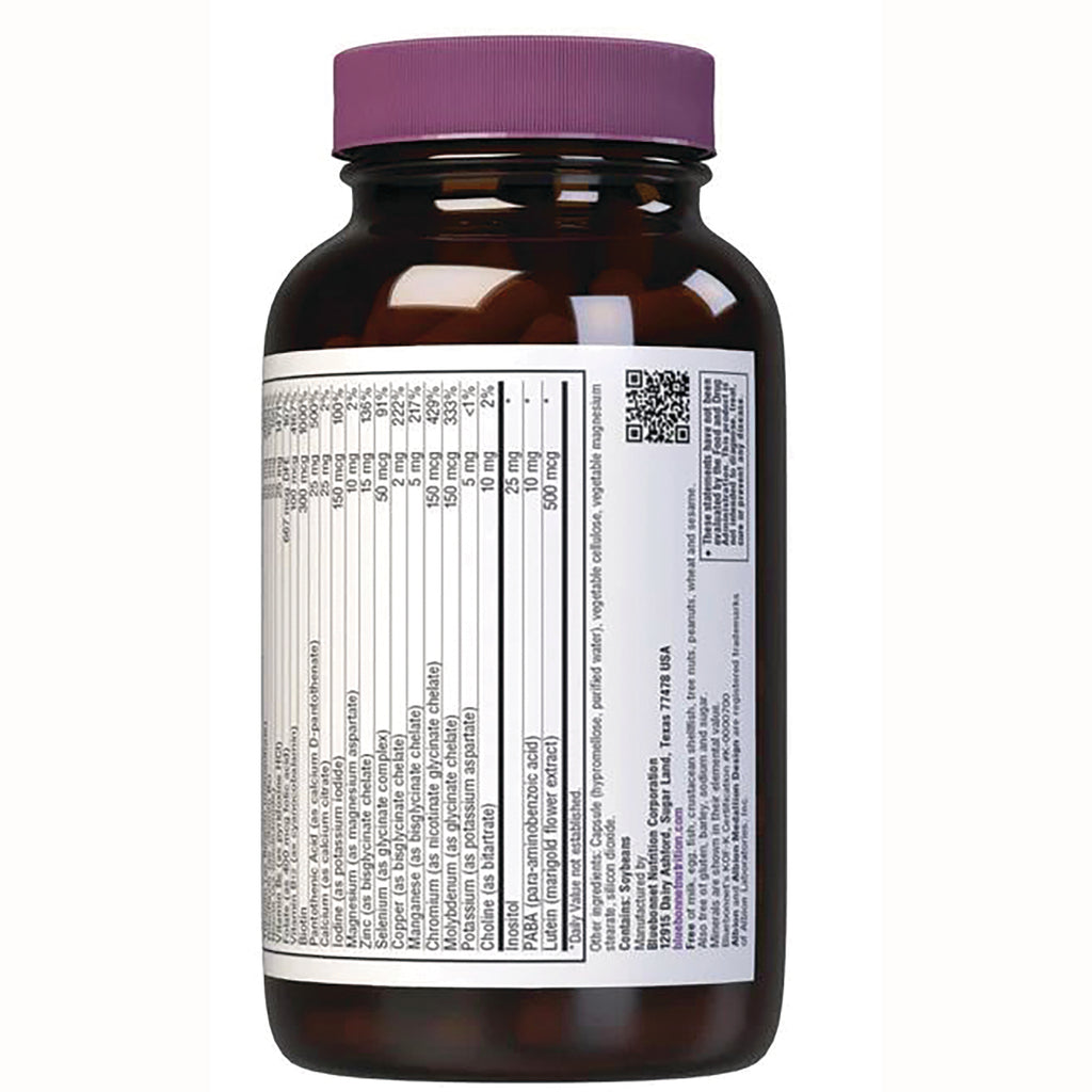 BLU102 | Amber supplement bottle back showing supplement facts table, ingredients panel and purple cap - Thumbnail
