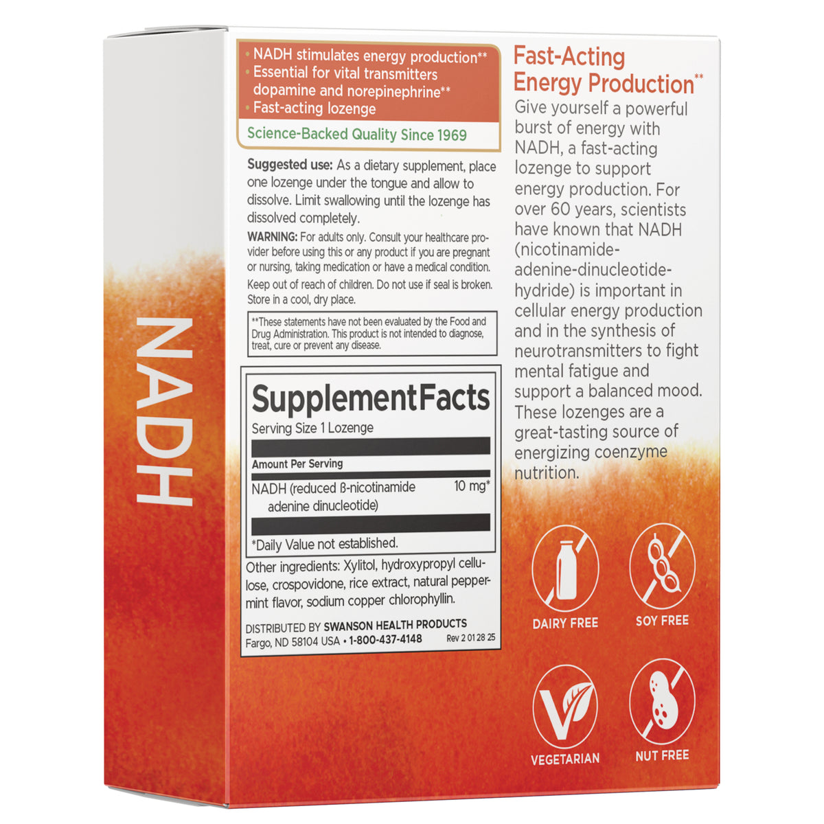 SWU374 | NADH supplement back panel with Supplement Facts, suggested use, and icons: dairy free, soy free, vegetarian, nut free