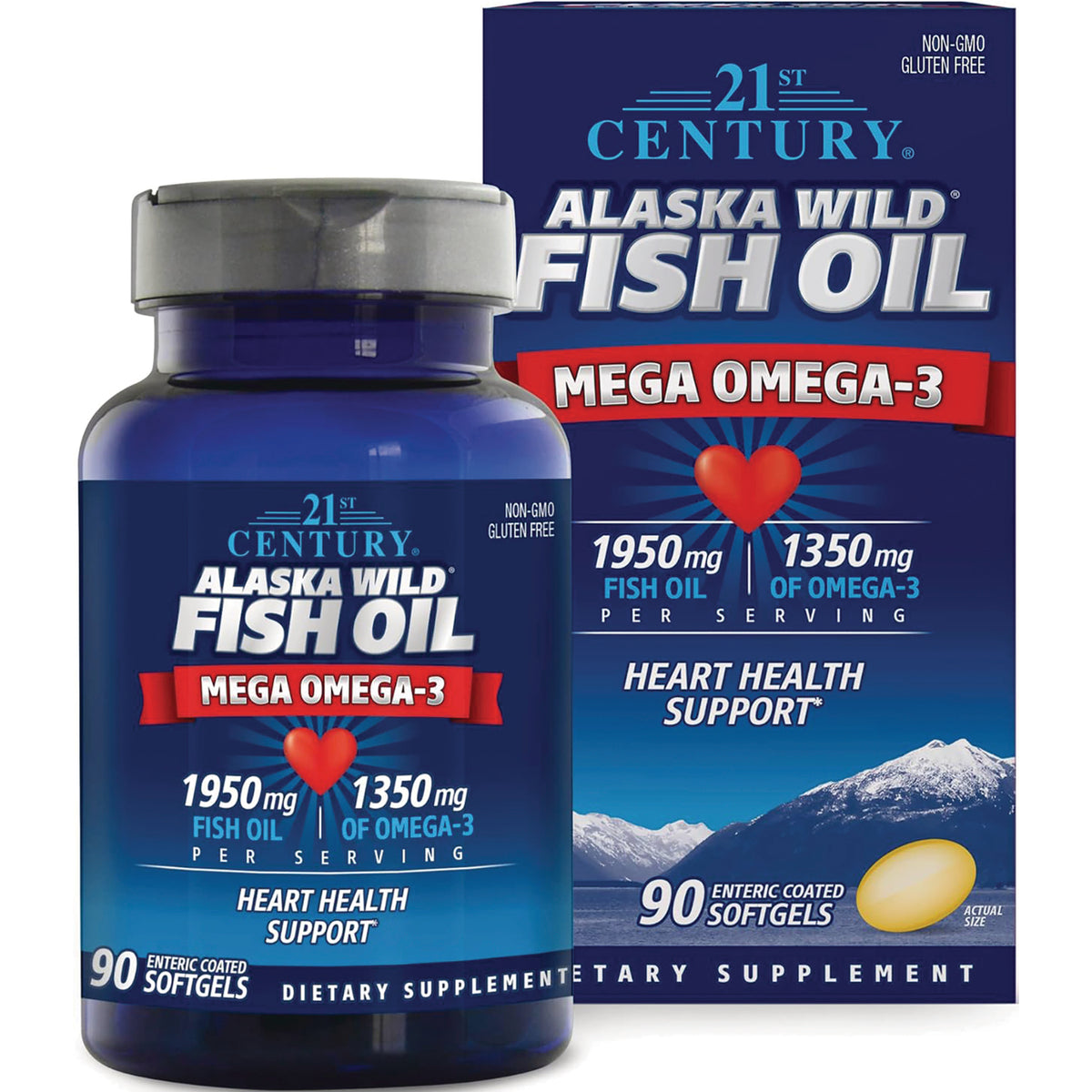 CNT008 | Blue bottle and box of 21st Century Alaska Wild Fish Oil Mega Omega-3 dietary supplement 90 enteric coated softgels