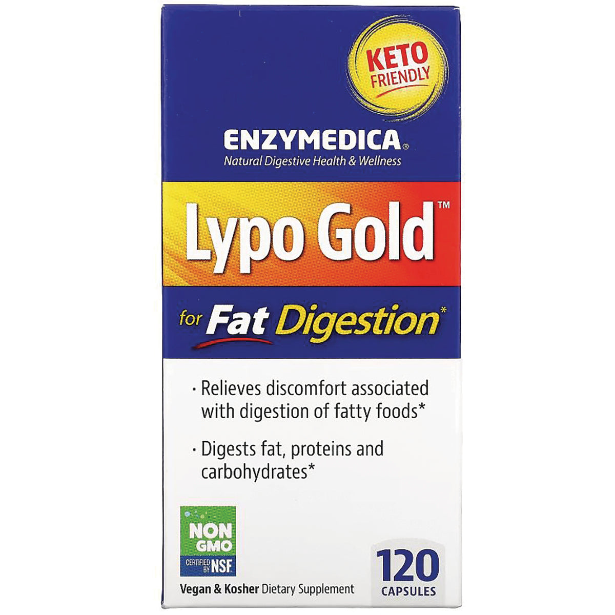 EMD016 | Enzymedica Lypo Gold digestive enzyme supplement box labeled for fat digestion, keto friendly, 120 capsules
