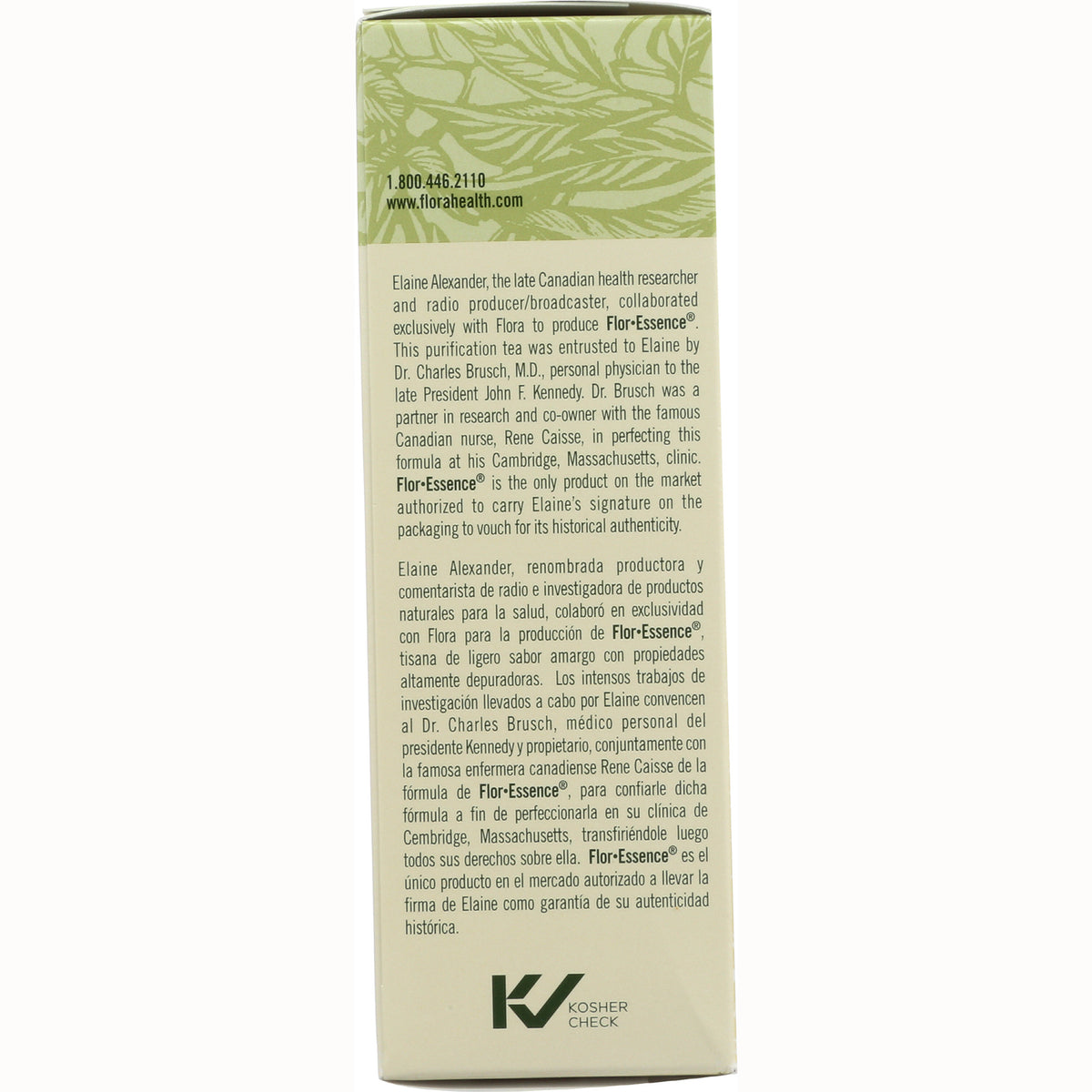 FL004 | product side panel with FlorEssence history text and Kosher Check logo