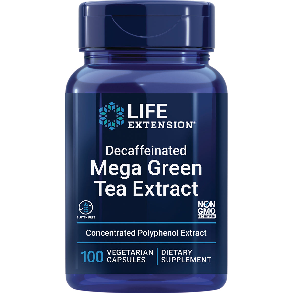 LE010 | Life Extension Decaffeinated Mega Green Tea Extract bottle, 100 vegetarian capsules, concentrated polyphenol extract, non-GMO, gluten free