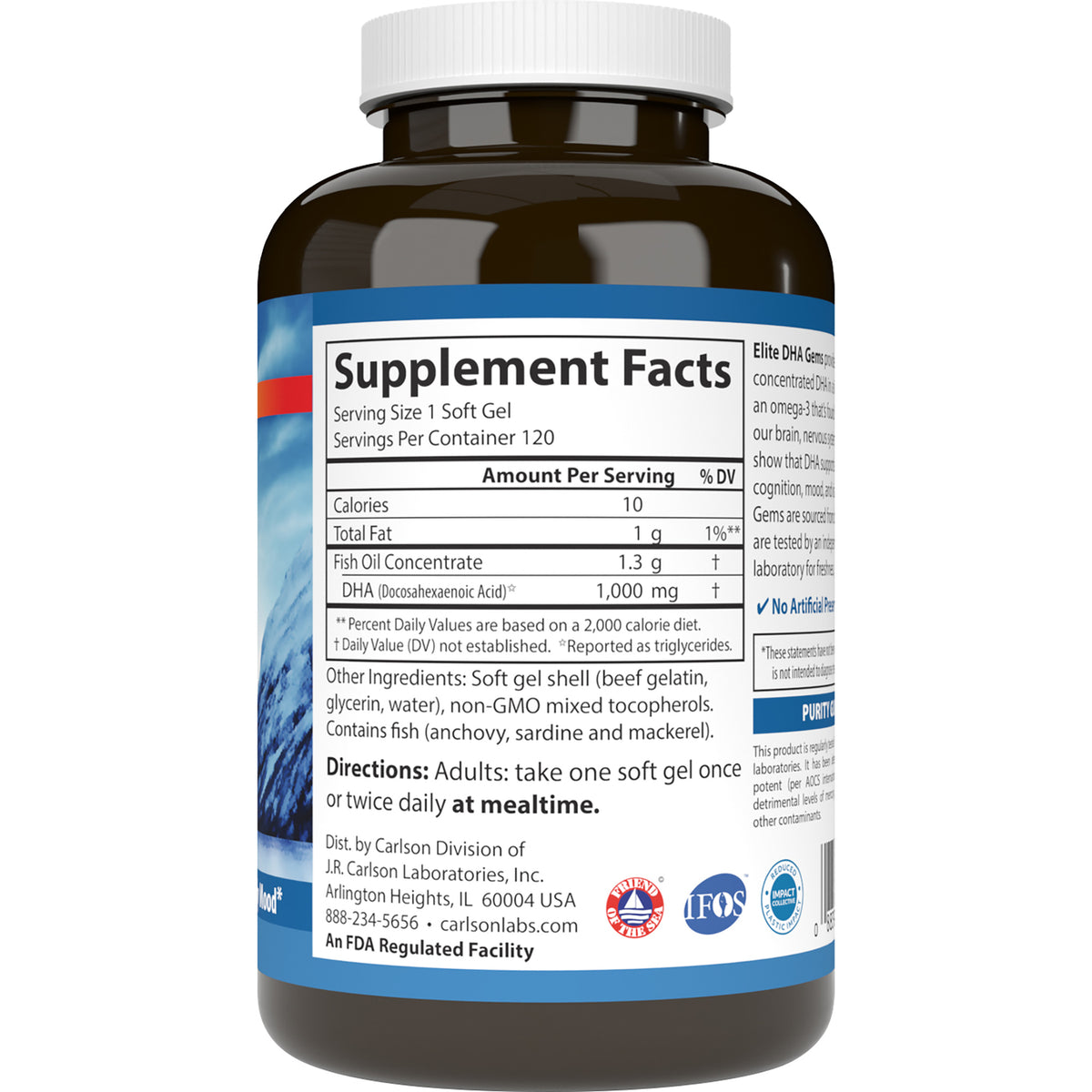CSN261 | Supplement Facts panel for fish oil DHA soft gels, serving size 1 soft gel, 1,000 mg DHA per serving