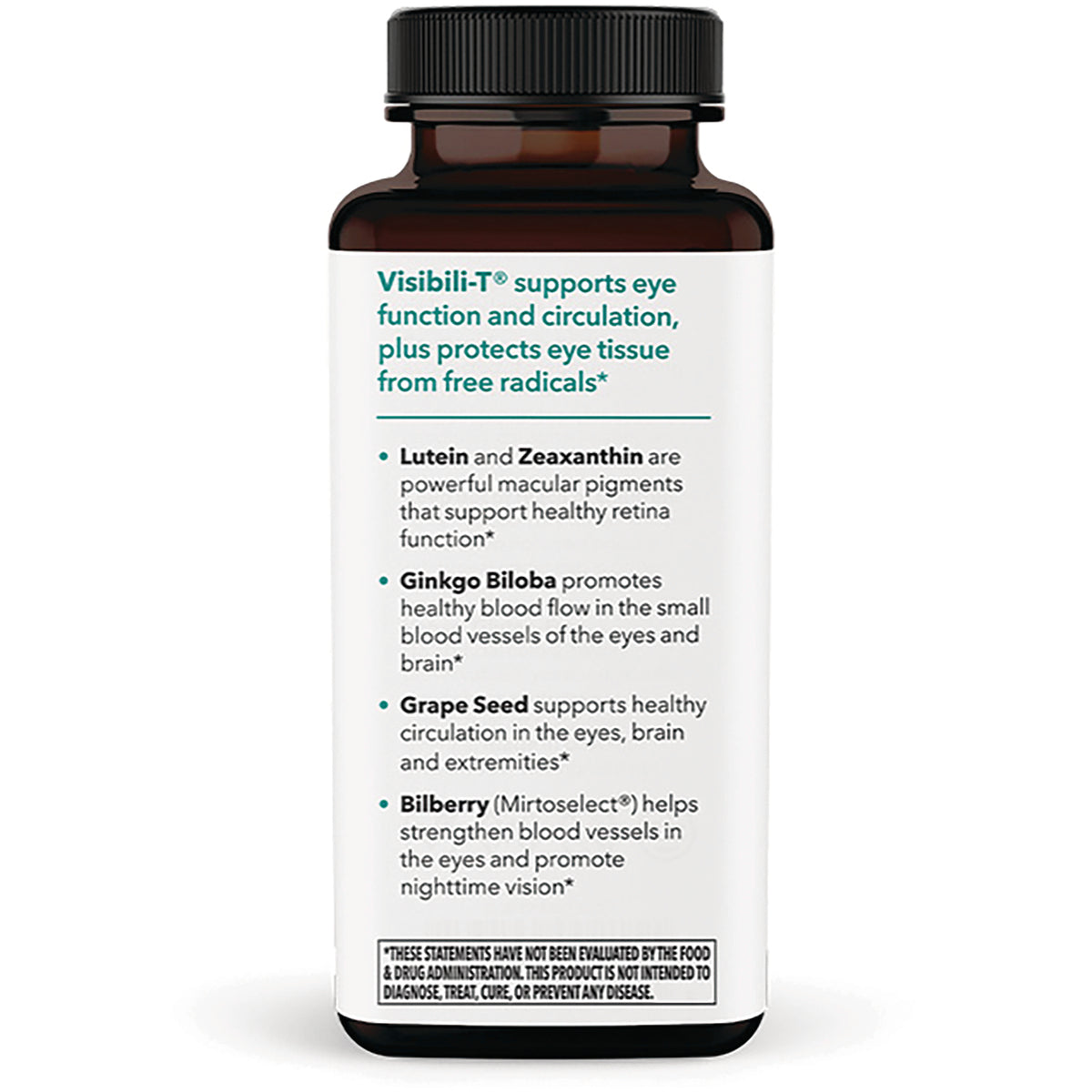 LSS006 | back label of bottle listing Visibili-T benefits and ingredients Lutein, Zeaxanthin, Ginkgo Biloba, Grape Seed, Bilberry