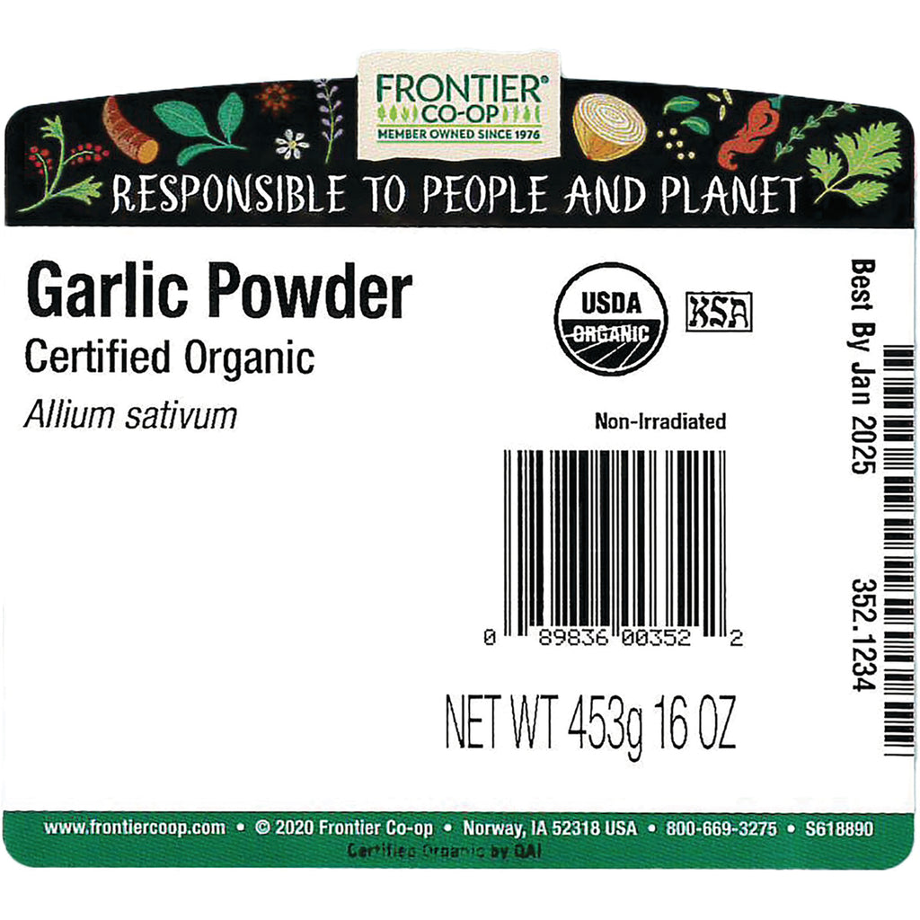 FNP074 | back label of Frontier Co-op Garlic Powder showing barcode, USDA Organic logo, Certified Organic text, net wt 453g 16 OZ - Thumbnail