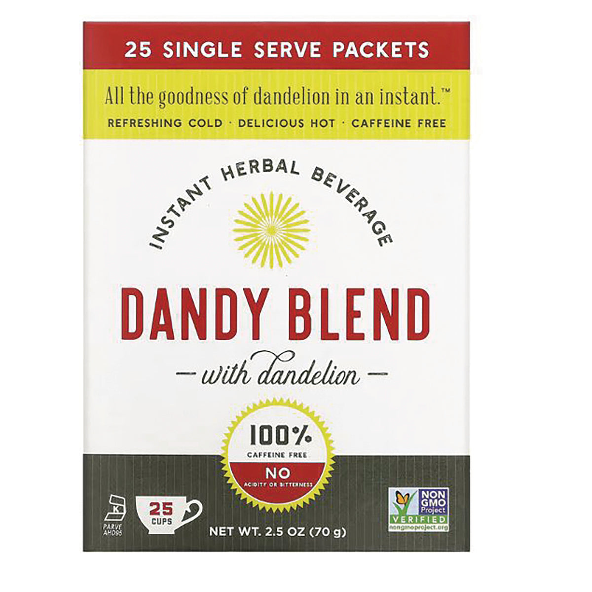 DDY003 | Dandy Blend instant herbal beverage box with dandelion, 25 single-serve packets, 100% caffeine free
