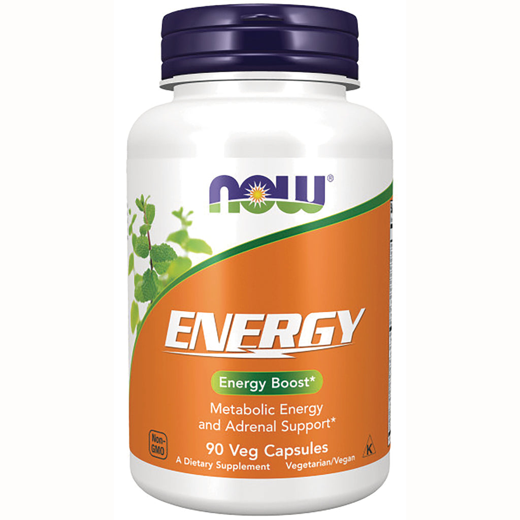 NWF387 | NOW Energy supplement bottle with orange label reading ENERGY and Energy Boost, 90 Veg Capsules - Thumbnail