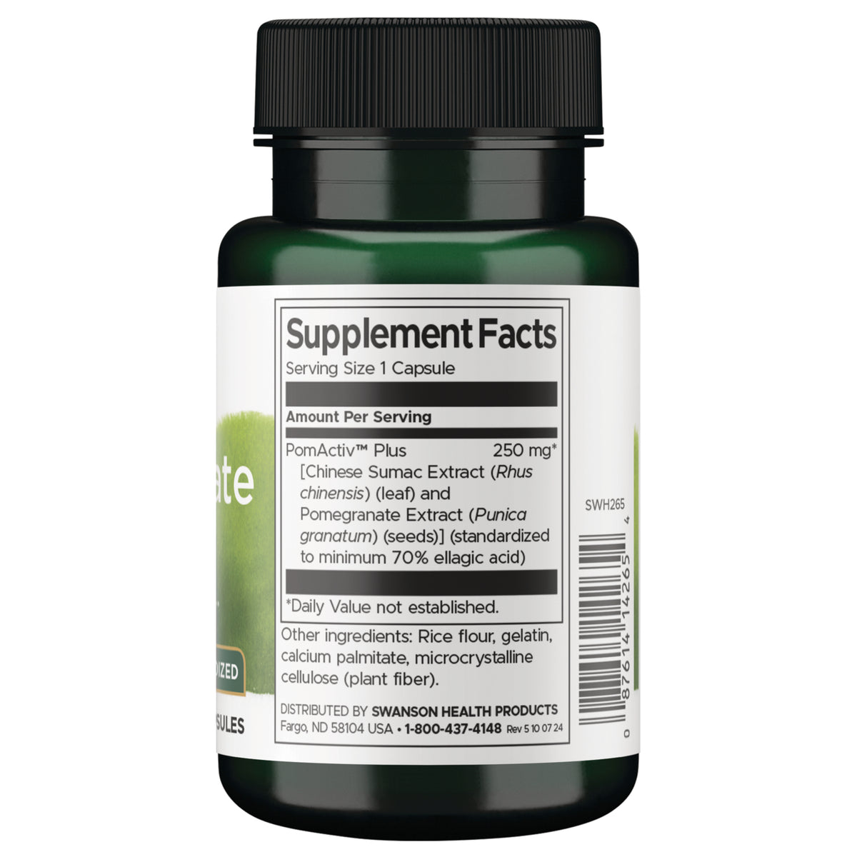 SWH265 | Back label showing Supplement Facts, Serving Size 1 Capsule, and ingredients panel