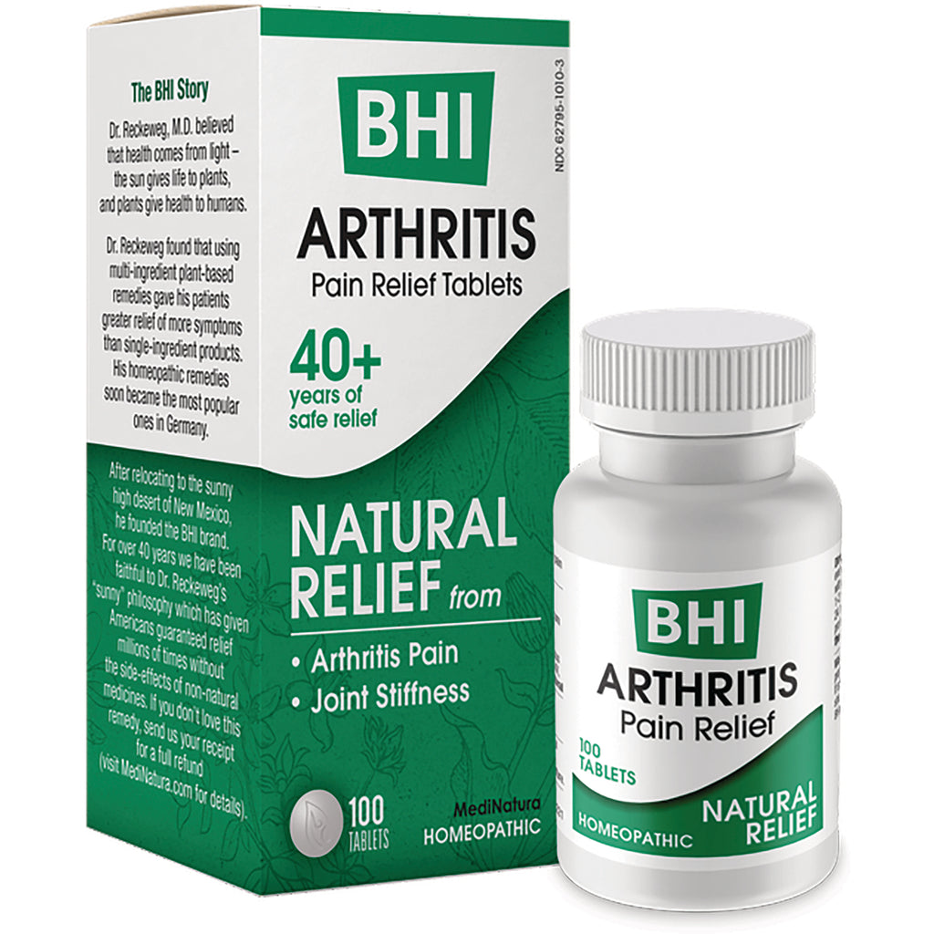MNA034 | BHI ARTHRITIS pain relief tablets front packaging showing NATURAL RELIEF, 40+ years, 100 tablets - Thumbnail