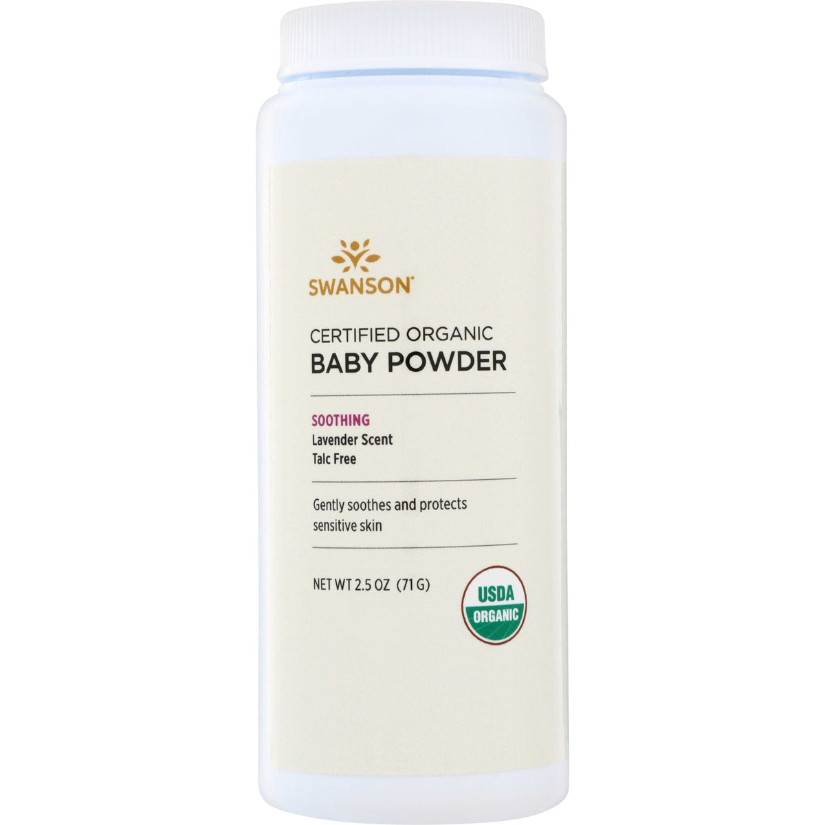 SW1679 | Swanson Certified Organic Baby Powder, soothing lavender scent, talc free, 2.5 oz