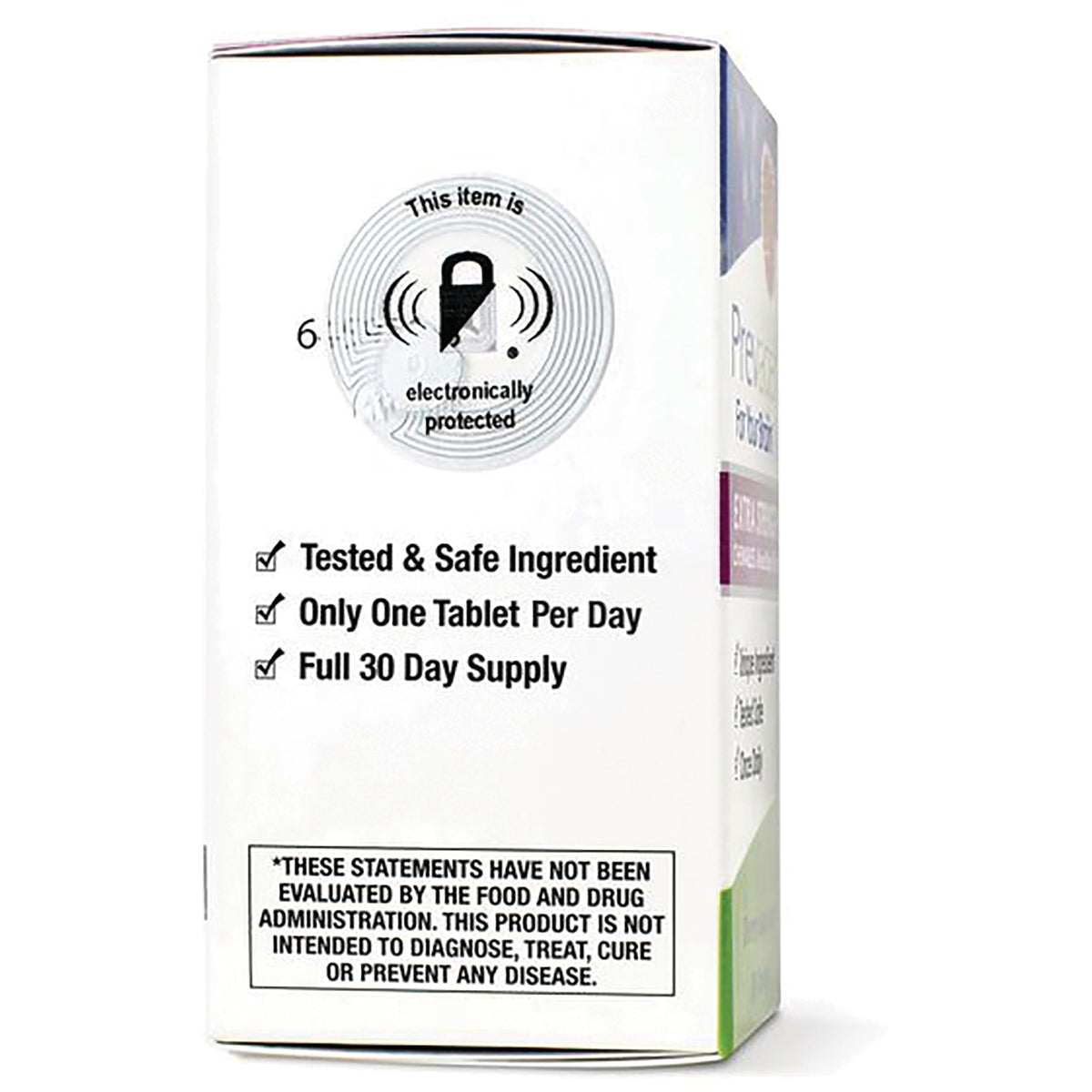 QB007 | side panel infographic showing electronically protected icon and checklist: Tested & Safe Ingredient; Only One Tablet Per Day; Full 30 Day Supply