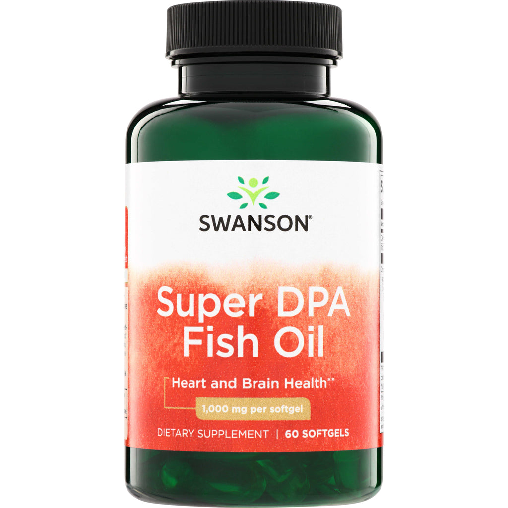 SWE064 | Swanson Super DPA Fish Oil green bottle with white and orange label reading "Heart and Brain Health" and "1,000 mge - Thumbnail
