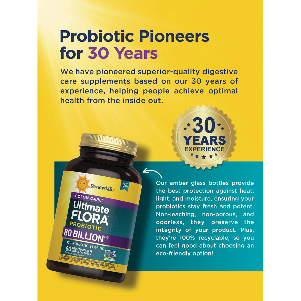 RNL252 | Product infographic showing RenewLife Ultimate Flora probiotic bottle, 30 years experience badge and key product features - Thumbnail
