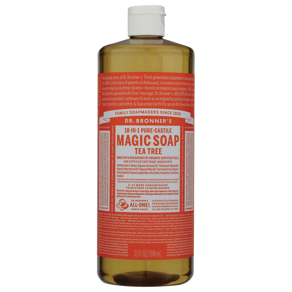 DRB029 | Dr. Bronner's 18-in-1 Hemp Tea Tree Pure-Castile Soap 32 fl oz bottle front label visible - Thumbnail