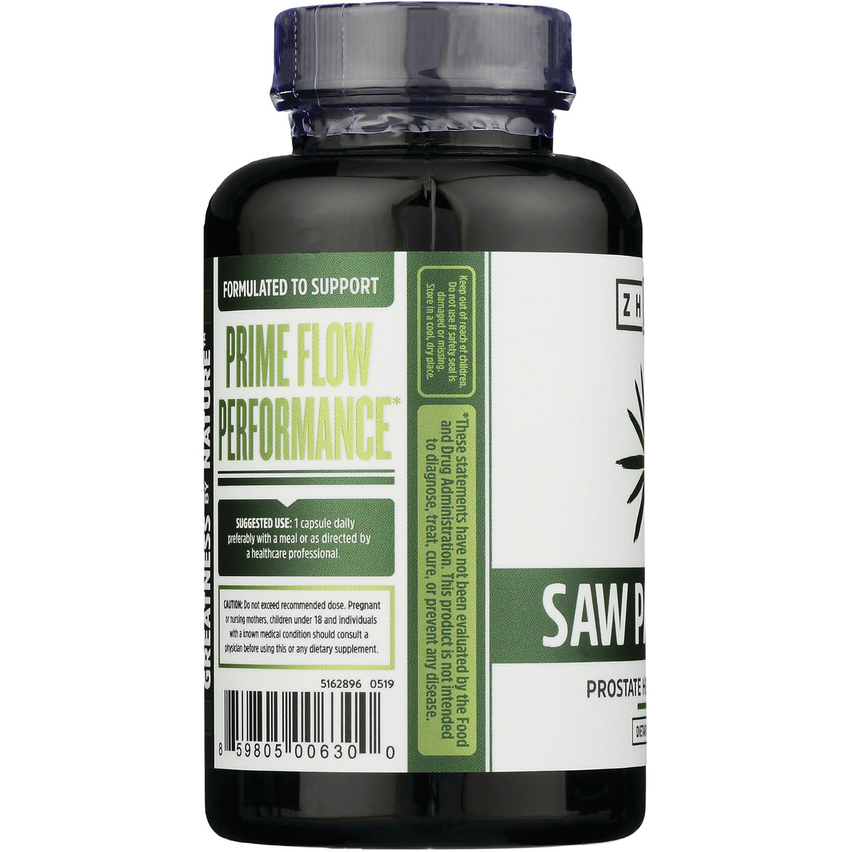 ZOU003 | Side label of saw palmetto supplement with 'Prime Flow Performance', suggested use, and barcode