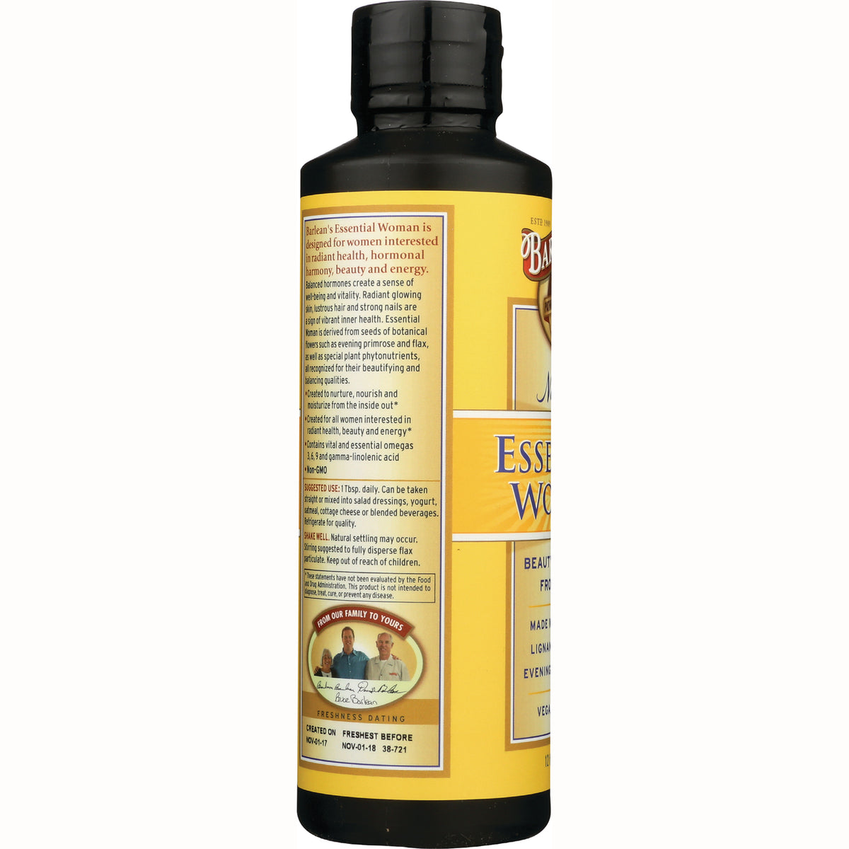 Back label of yellow supplement bottle showing ingredients, directions, and freshness dating
