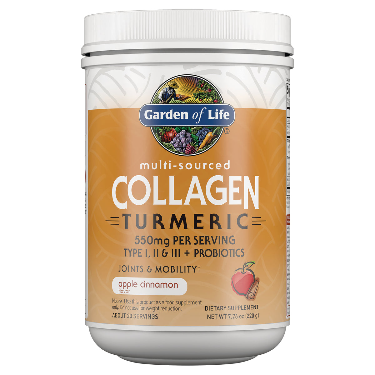 GLF281 | Garden of Life multi-sourced Collagen Turmeric apple cinnamon powder tub front label showing 550mg per serving