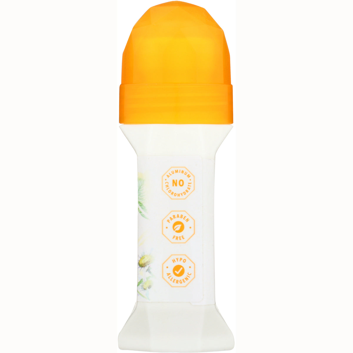 CRY011 | Back of white roll-on deodorant with orange cap and label showing NO Aluminum Chlorohydrate, Paraben Free, Hypo Allergenic