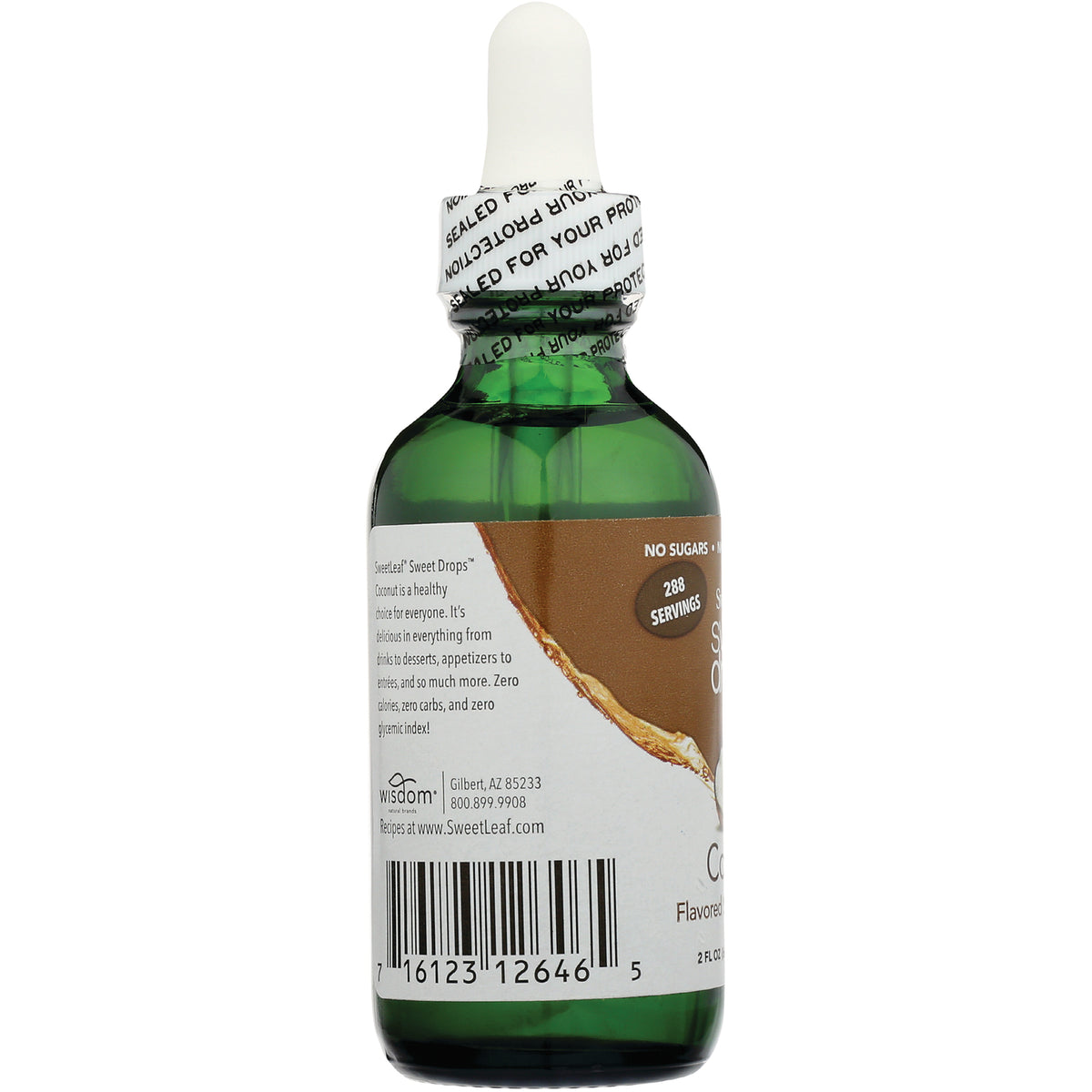 WA043 | Back of green glass dropper bottle with seal; text shows 'No Sugars' and '288 Servings', barcode visible