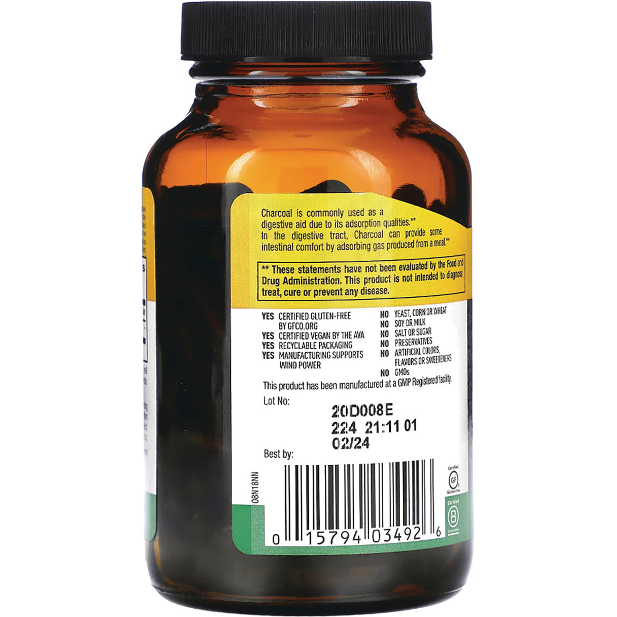 CRL424 | amber supplement bottle back label showing lot number, best by date, certification icons and barcode