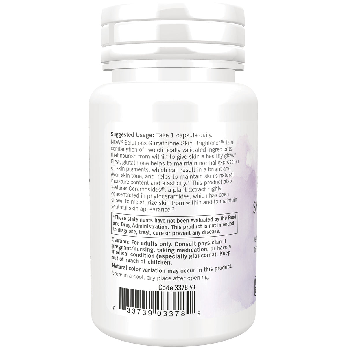 NWF1357 | Back label showing suggested usage, caution statements, and barcode on white supplement bottle