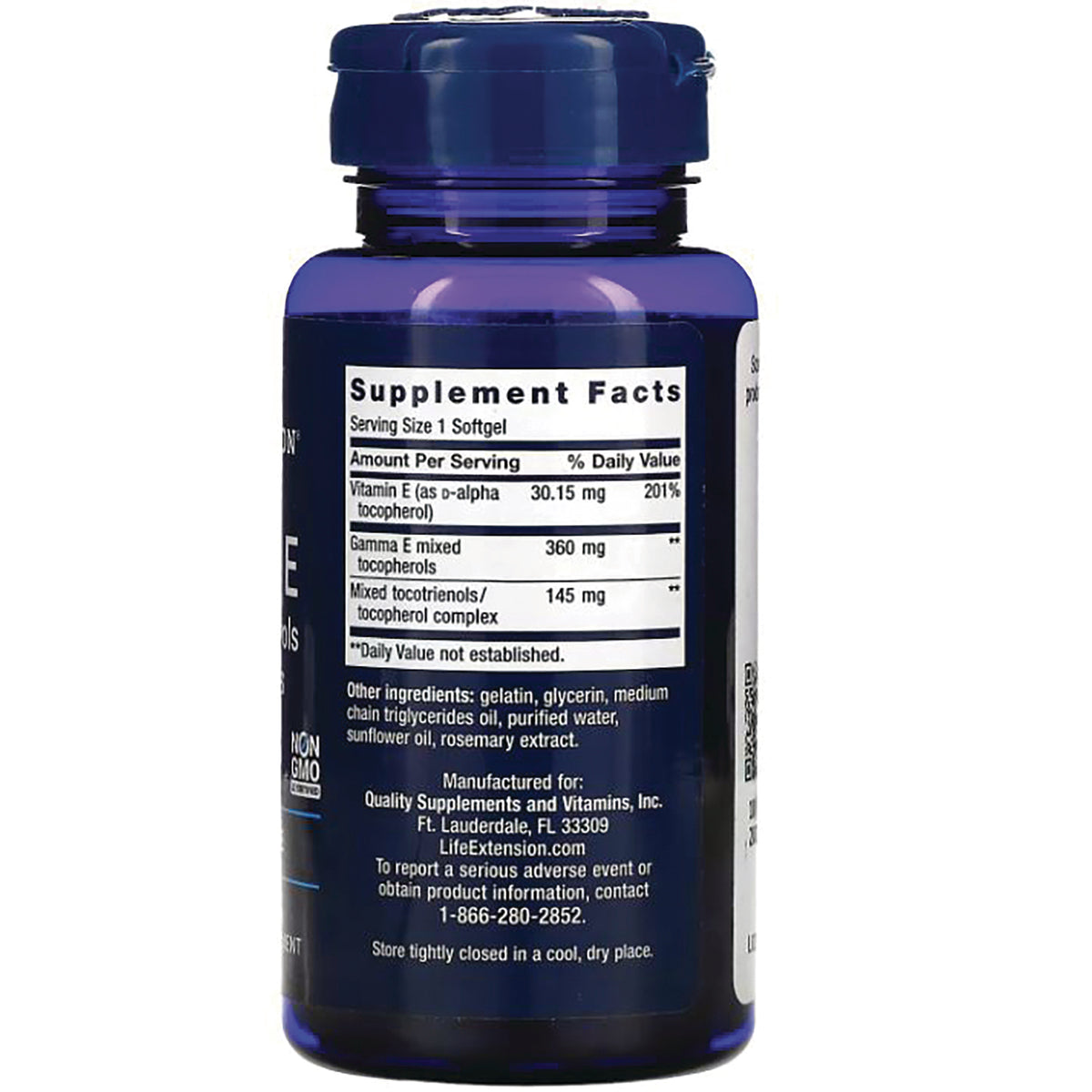 LE404 | Supplement Facts label on back of blue softgel bottle showing serving size 1 softgel and ingredient list