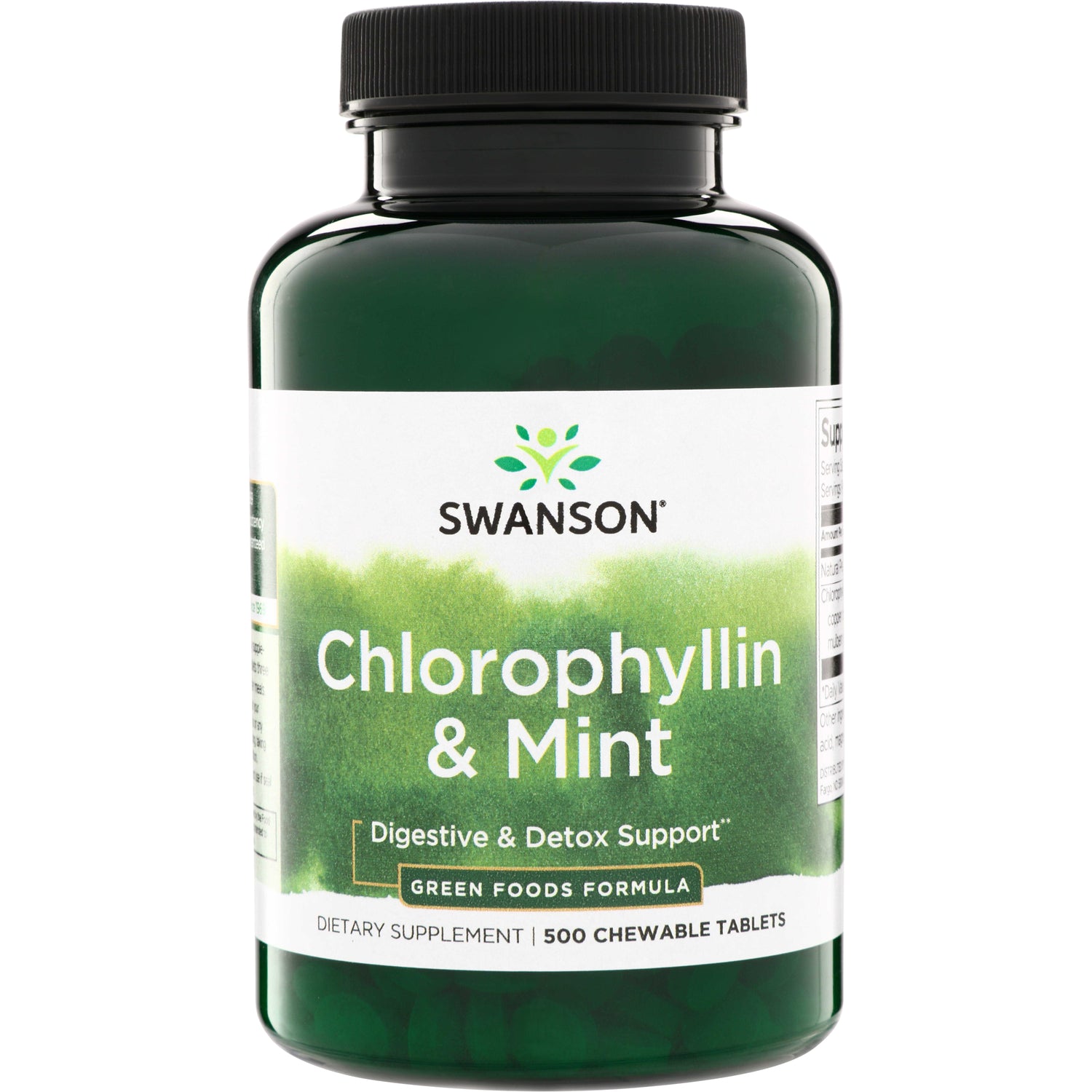 SWR081 | Swanson Chlorophyllin & Mint, Digestive & Detox Support, 500 chewable tablets bottle front