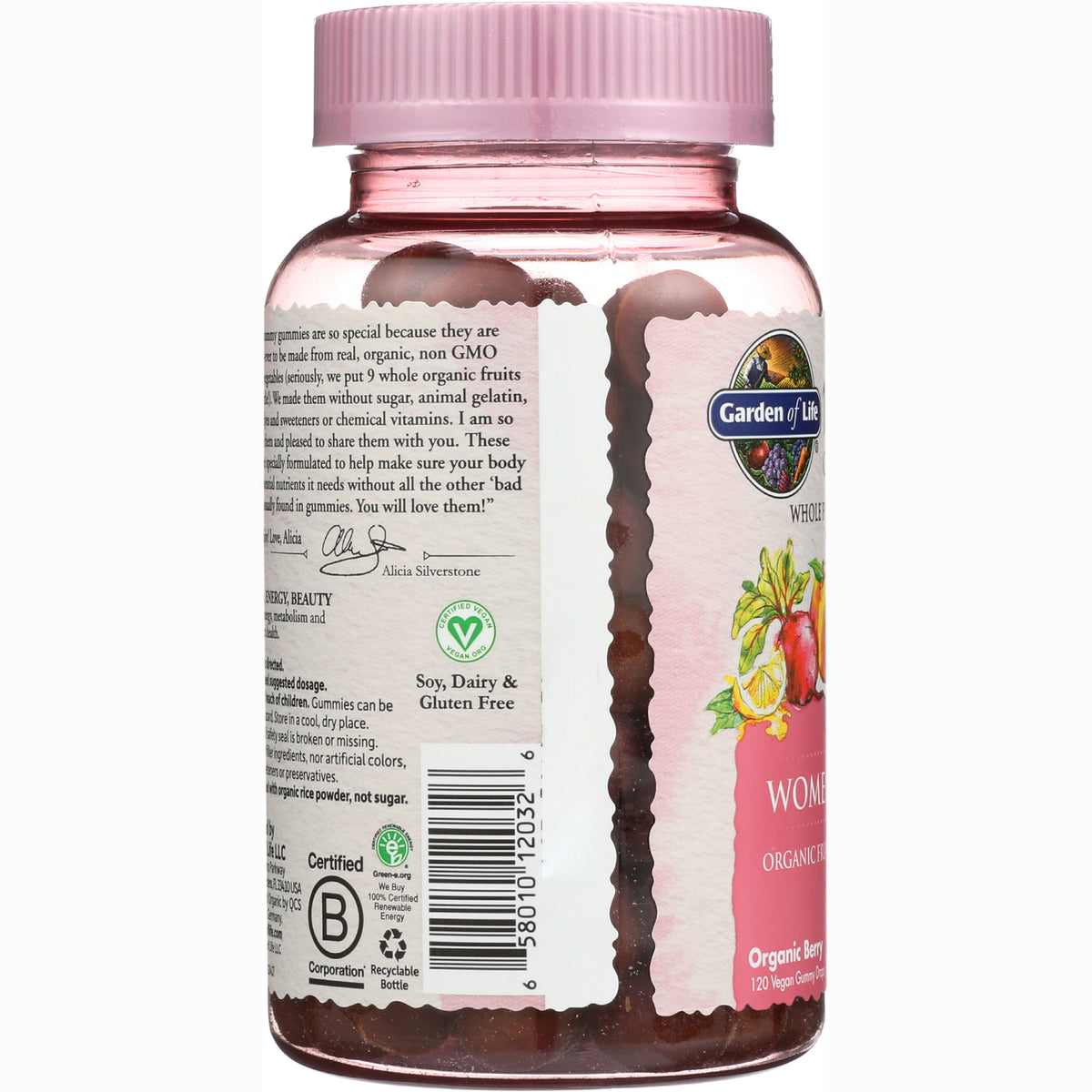 GLF239 | back label of pink-lidded gummy vitamin bottle showing barcode, ingredient text, soy, dairy & gluten free seal and visible gummies