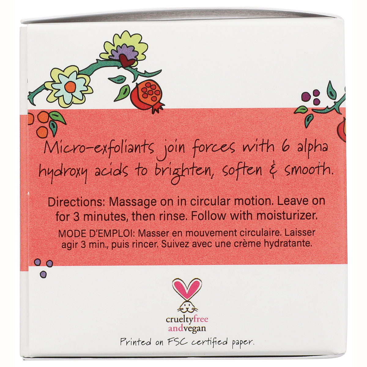 HIP013 | Back of box showing directions: Massage on in circular motion; leave on 3 minutes then rinse, plus cruelty free and vegan logo