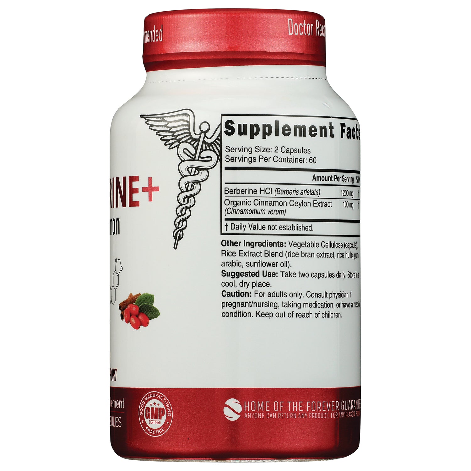 NFU001 | Back of white supplement bottle showing Supplement Facts label with serving size 2 capsules and ingredient amounts